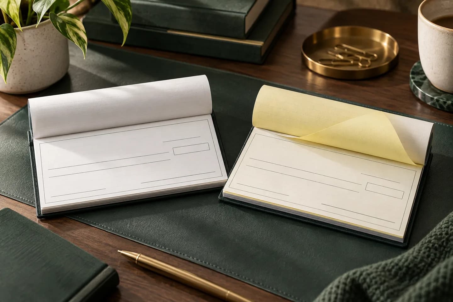 Concept illustration: Two compact checkbooks, one white single paper and one with a pale yellow carbonless layer folded back.