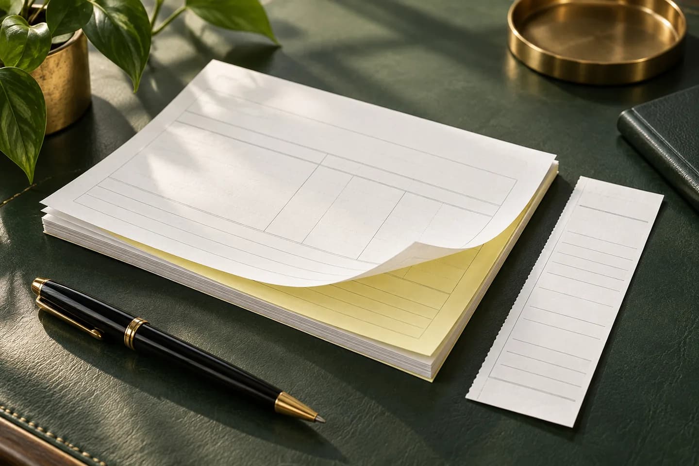 Concept illustration: Layered white and pale yellow carbonless paper, a detached narrow stub and elegant black pen.
