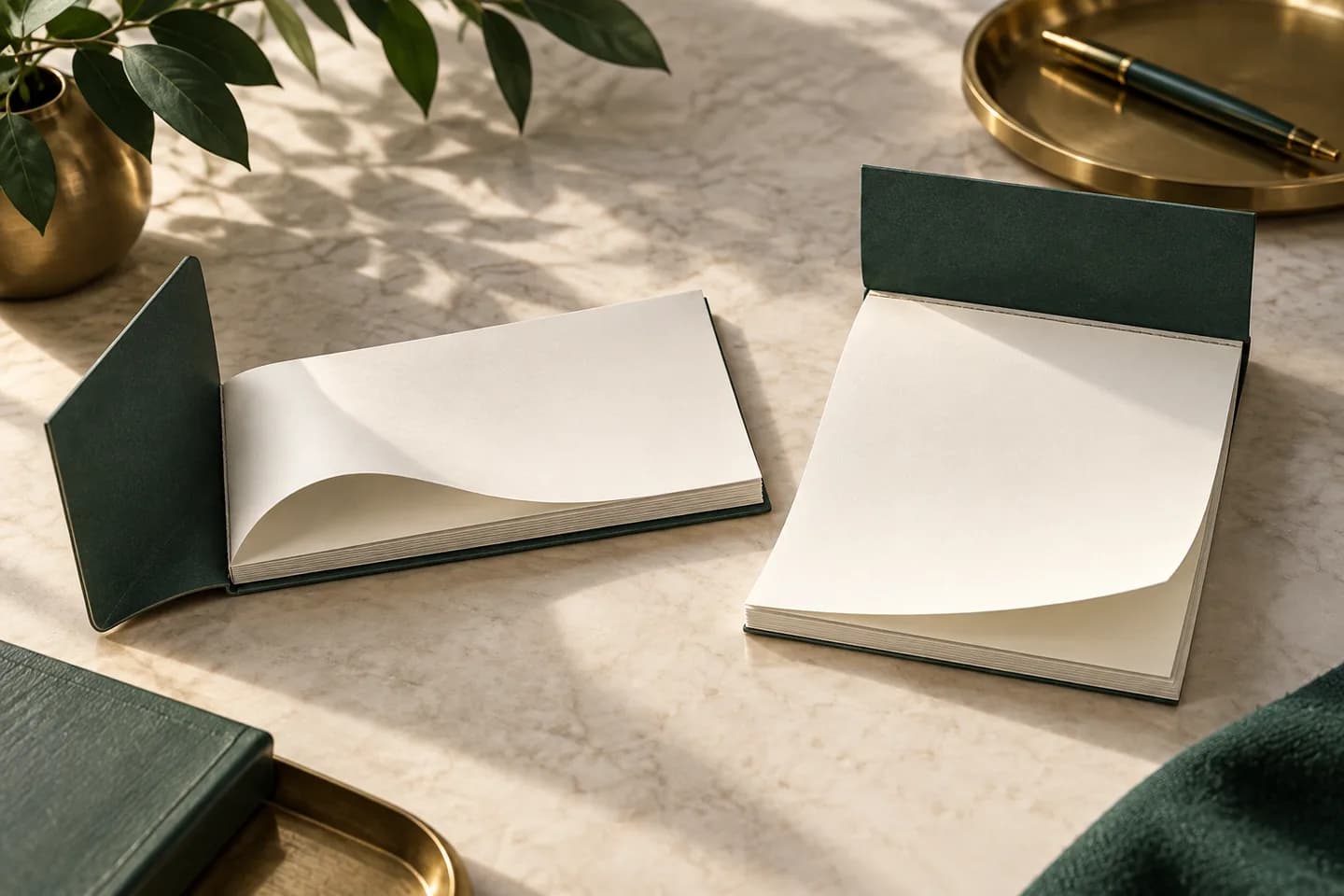 Concept illustration: Two abstract compact paper pads, one opening from left and another opening from top, softly curled sheets.