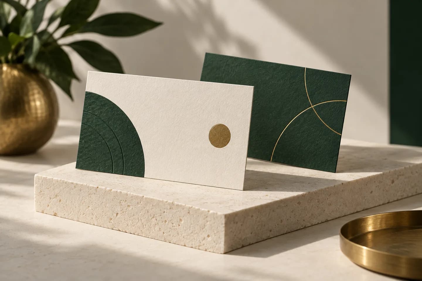 Concept illustration: Front and back of two sculptural cream and green cards standing at elegant angles on ivory pedestal.