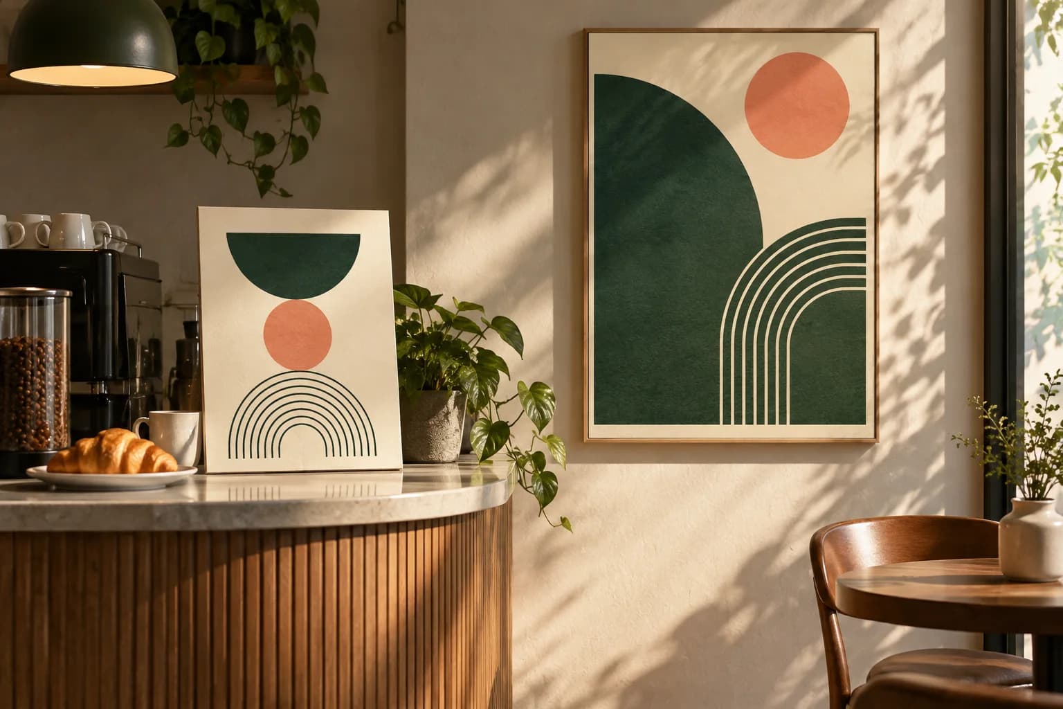 Concept illustration: two contrasting geometric posters on a small cafe counter and adjacent wall.