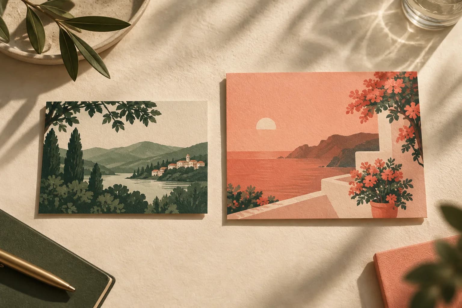 Concept illustration: two postcard formats in contrasting green and coral laid side by side.