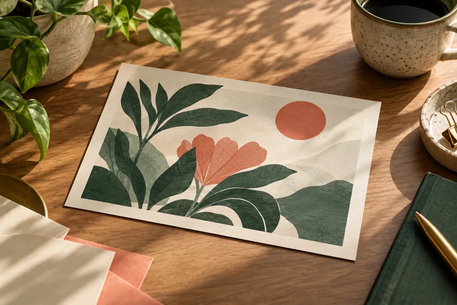 Concept illustration: large landscape postcard with abstract botanical art on desk.