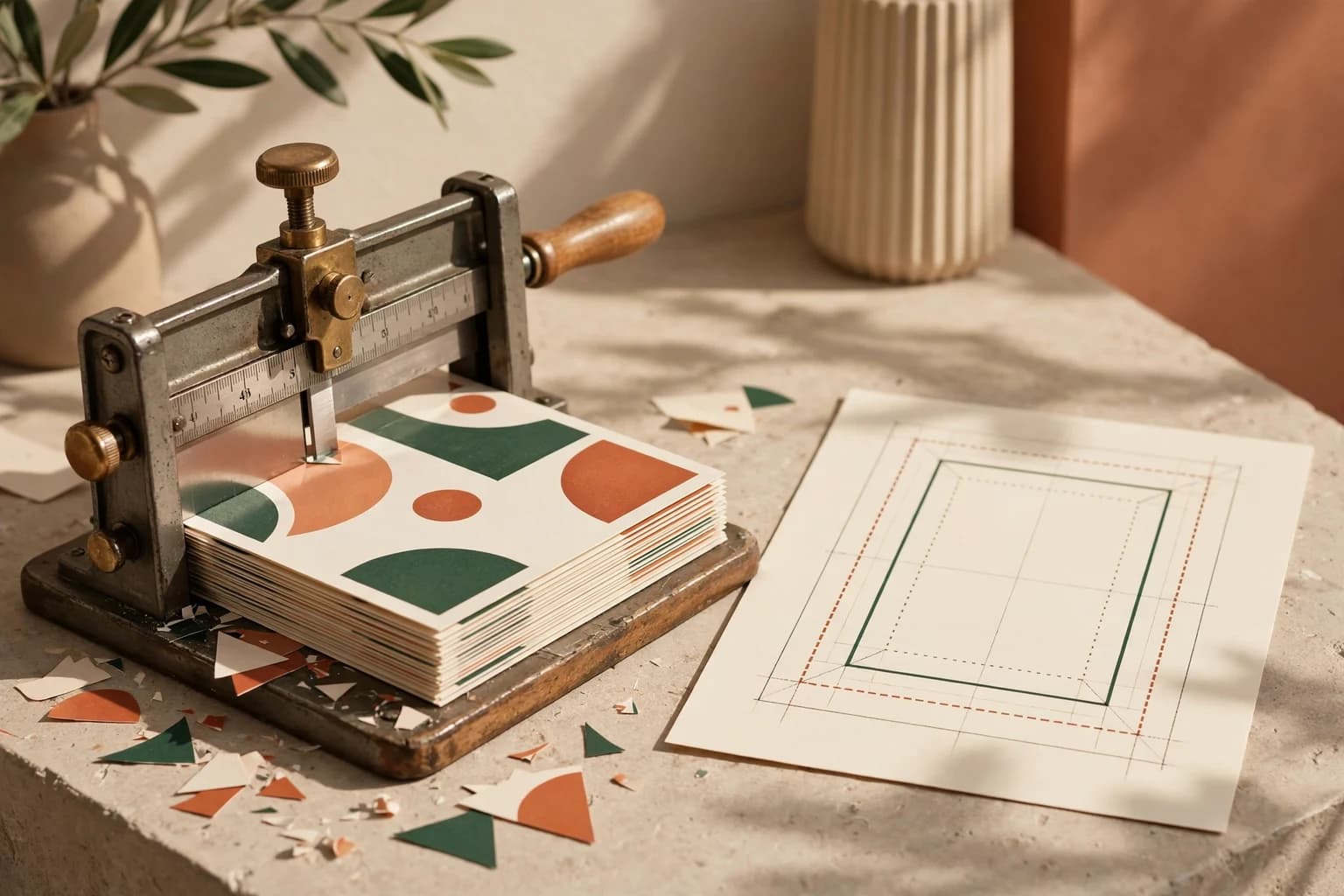 Concept illustration: close up of a paper cutter trimming a stack of colorful postcards, next to a diagram showing bleed, trim, and safe area.