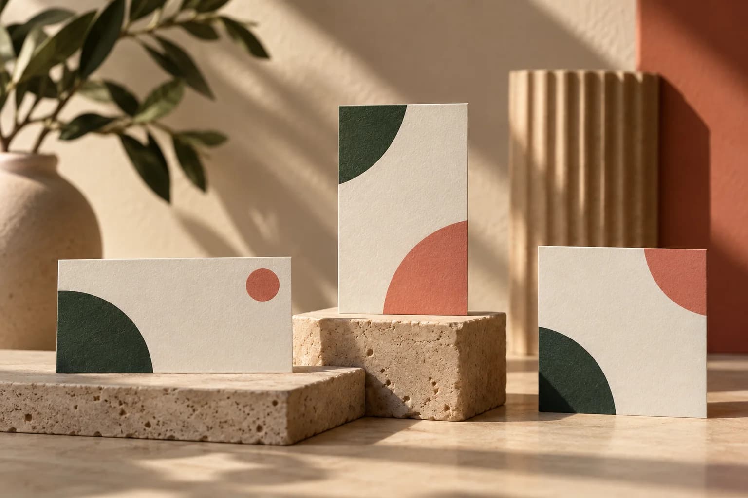Concept illustration: a hand fanning out business cards in standard, square, slim, and folded sizes on a bright print shop table.