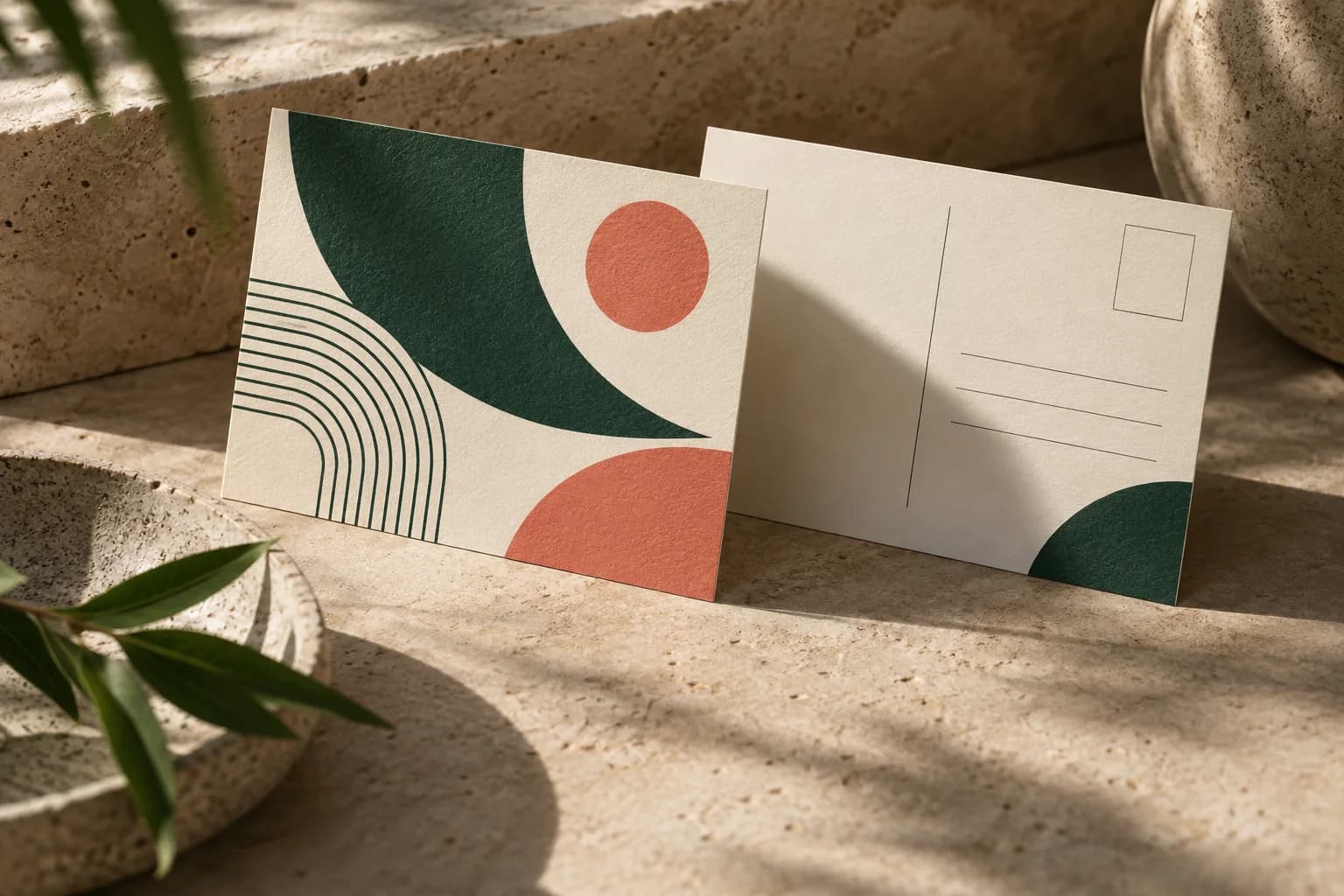 Concept illustration: front and back postcard proof pair with asymmetric geometric artwork.