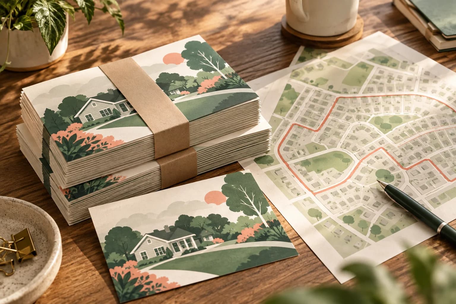 Concept illustration: neatly bundled landscape mailers beside neighborhood map illustration.