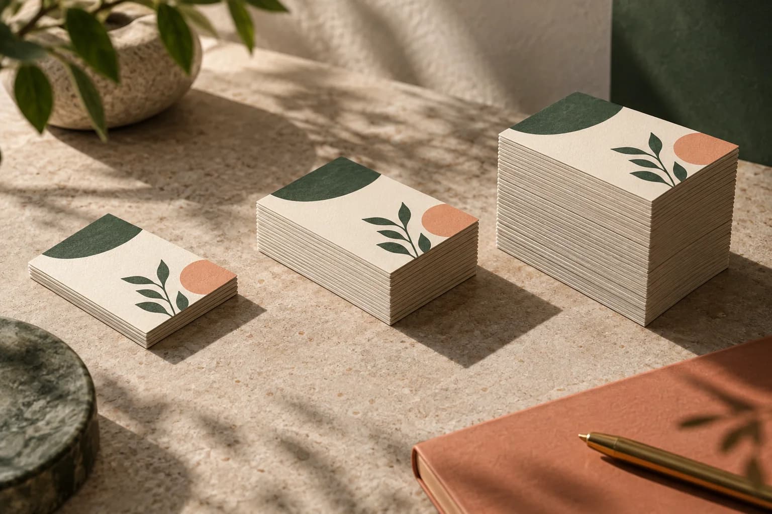Concept illustration: an open box of fresh business cards on a desk next to a calendar marked with upcoming conferences and networking events.