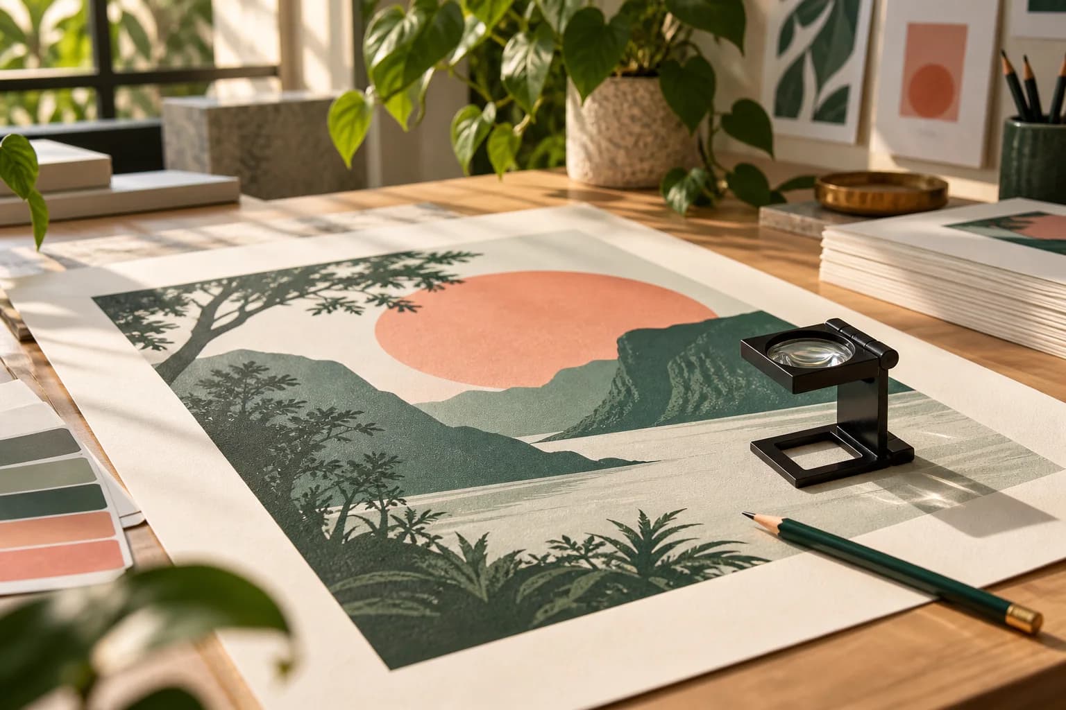 Concept illustration: poster proof with pencil and magnifying loupe in beautiful studio.