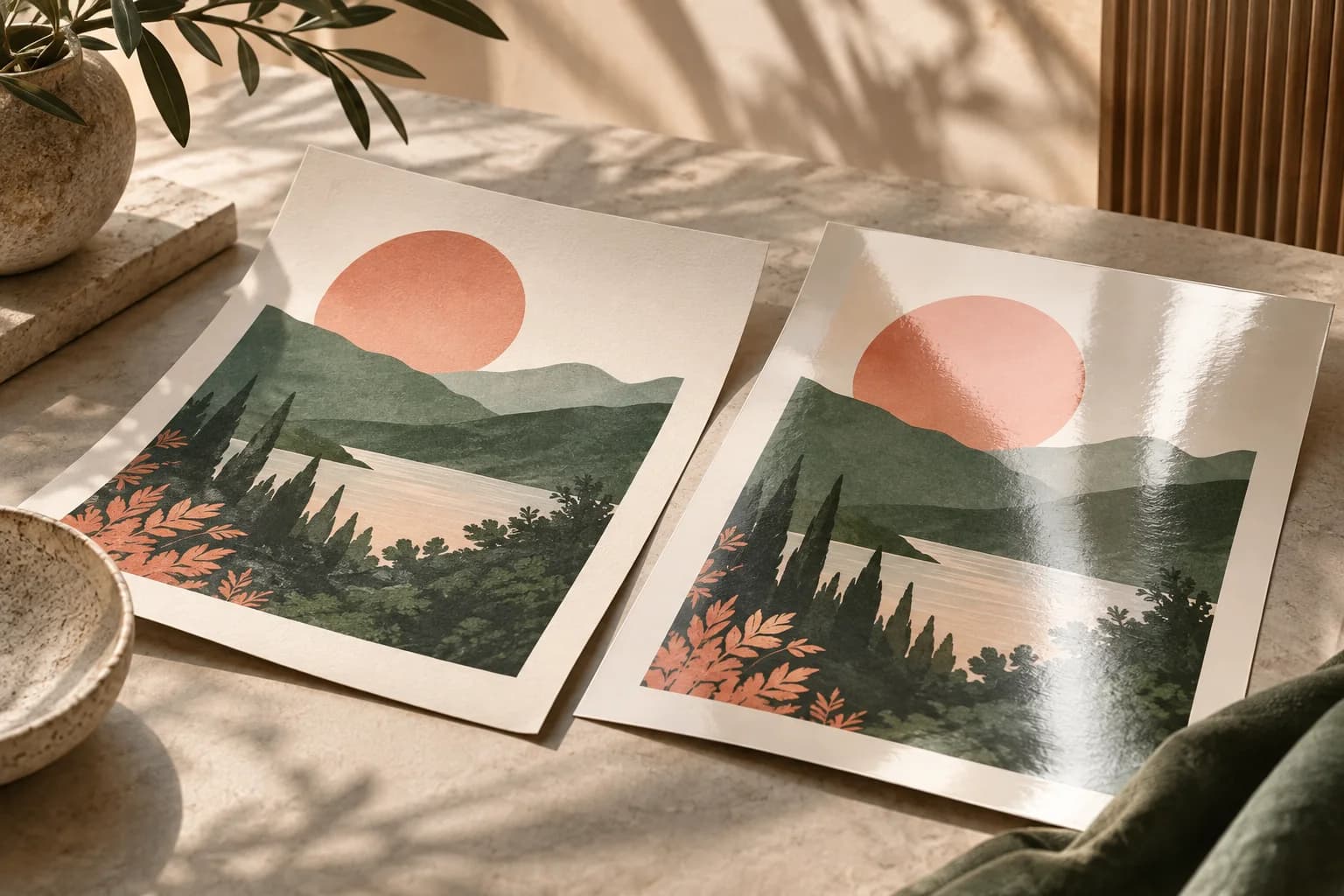 Concept illustration: two paper poster samples under soft and reflective studio light.
