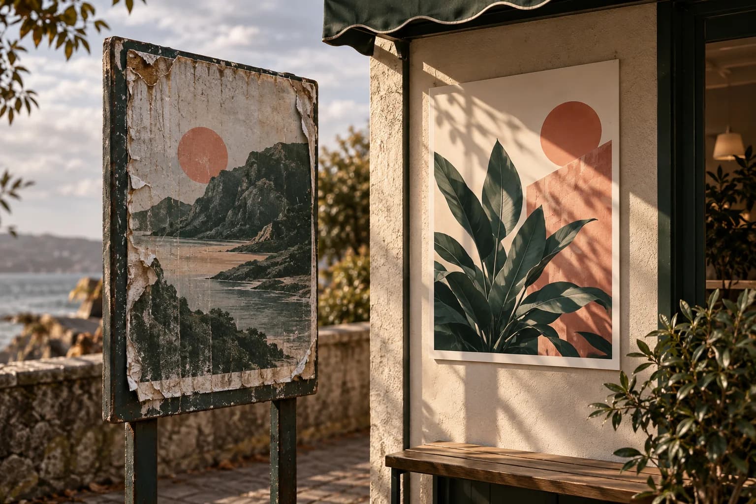 Concept illustration: weather exposed sign sample beside sheltered paper poster under an awning.
