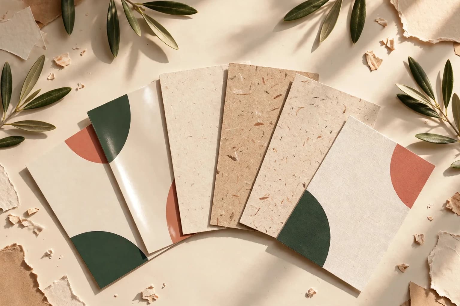 Concept illustration: overhead flat lay of paper swatches in matte, glossy, uncoated, recycled, linen, and soft touch finishes, each holding a printed business card.