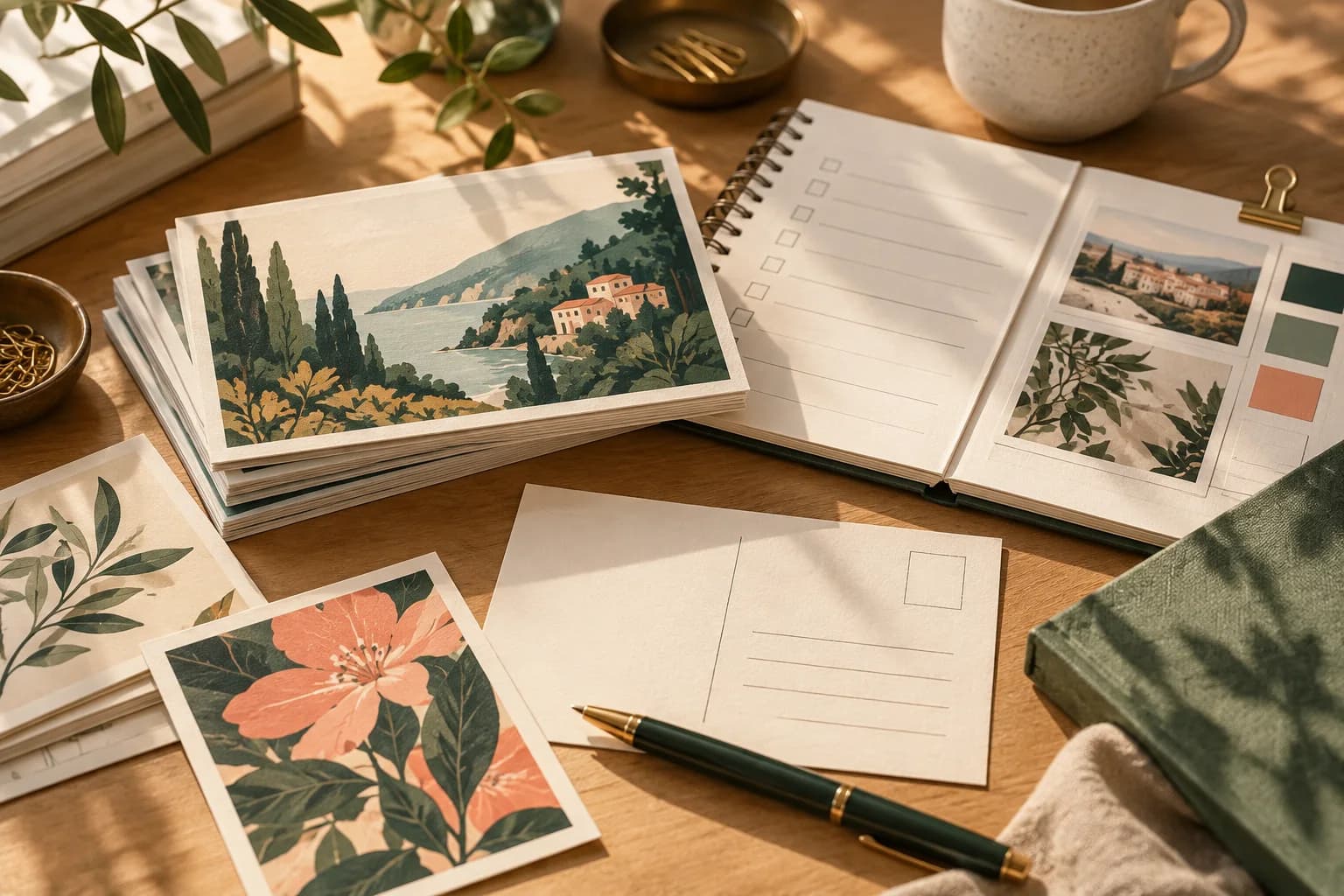 Concept illustration: coordinated postcards and planning notebook on warm desk.