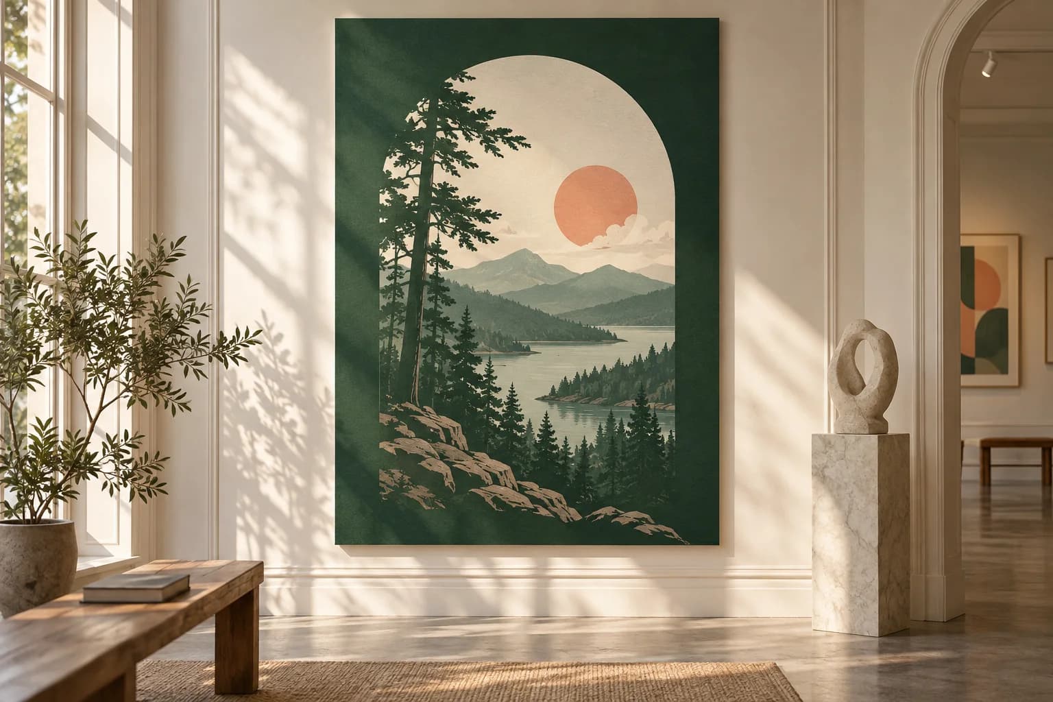 Concept illustration: one large forest green poster in a refined gallery setting.