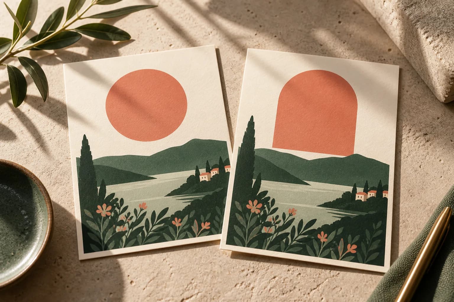 Concept illustration: two landscape postcards with a coral circle and arch.