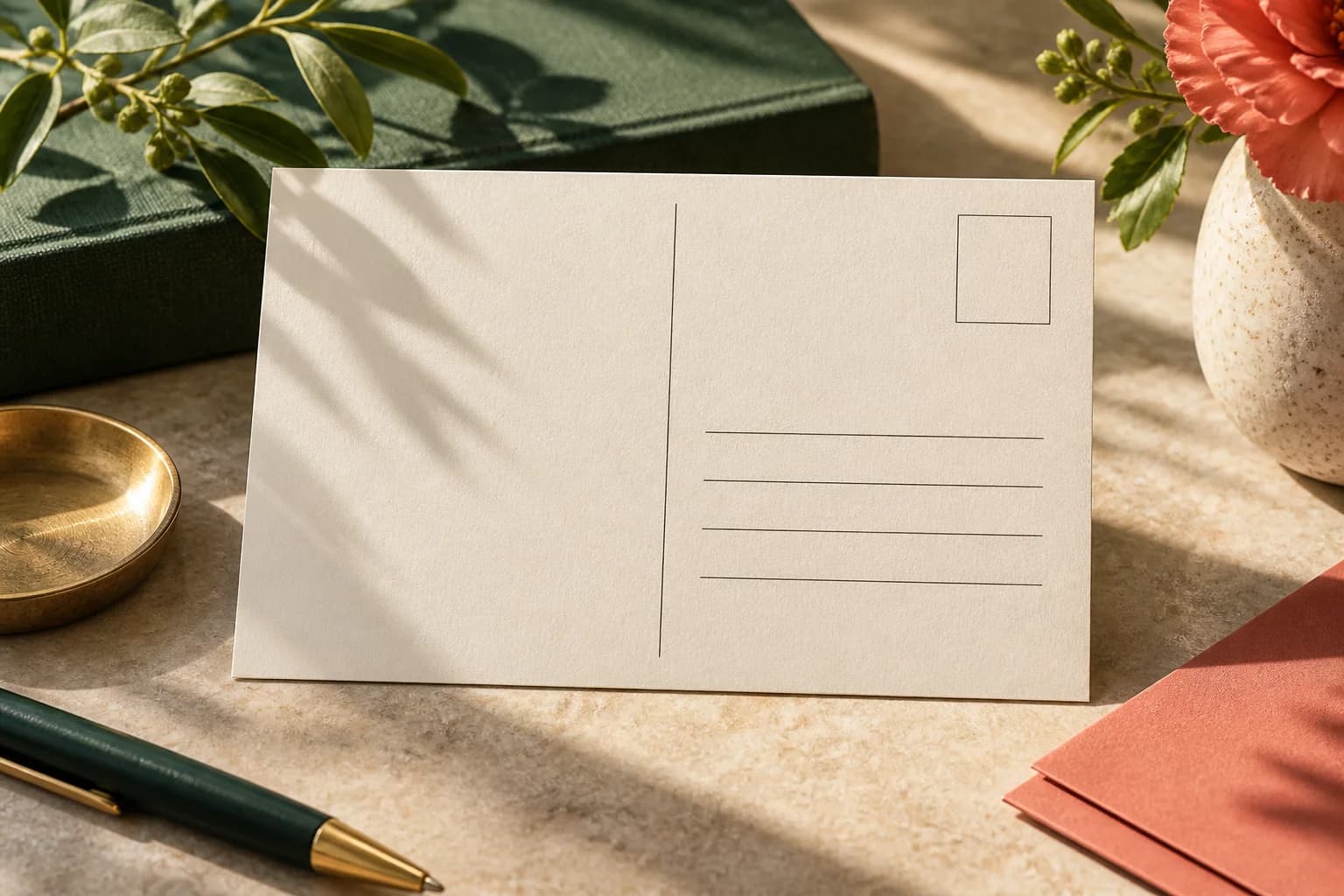 Concept illustration: back of minimal postcard with simple blank address lines no text.