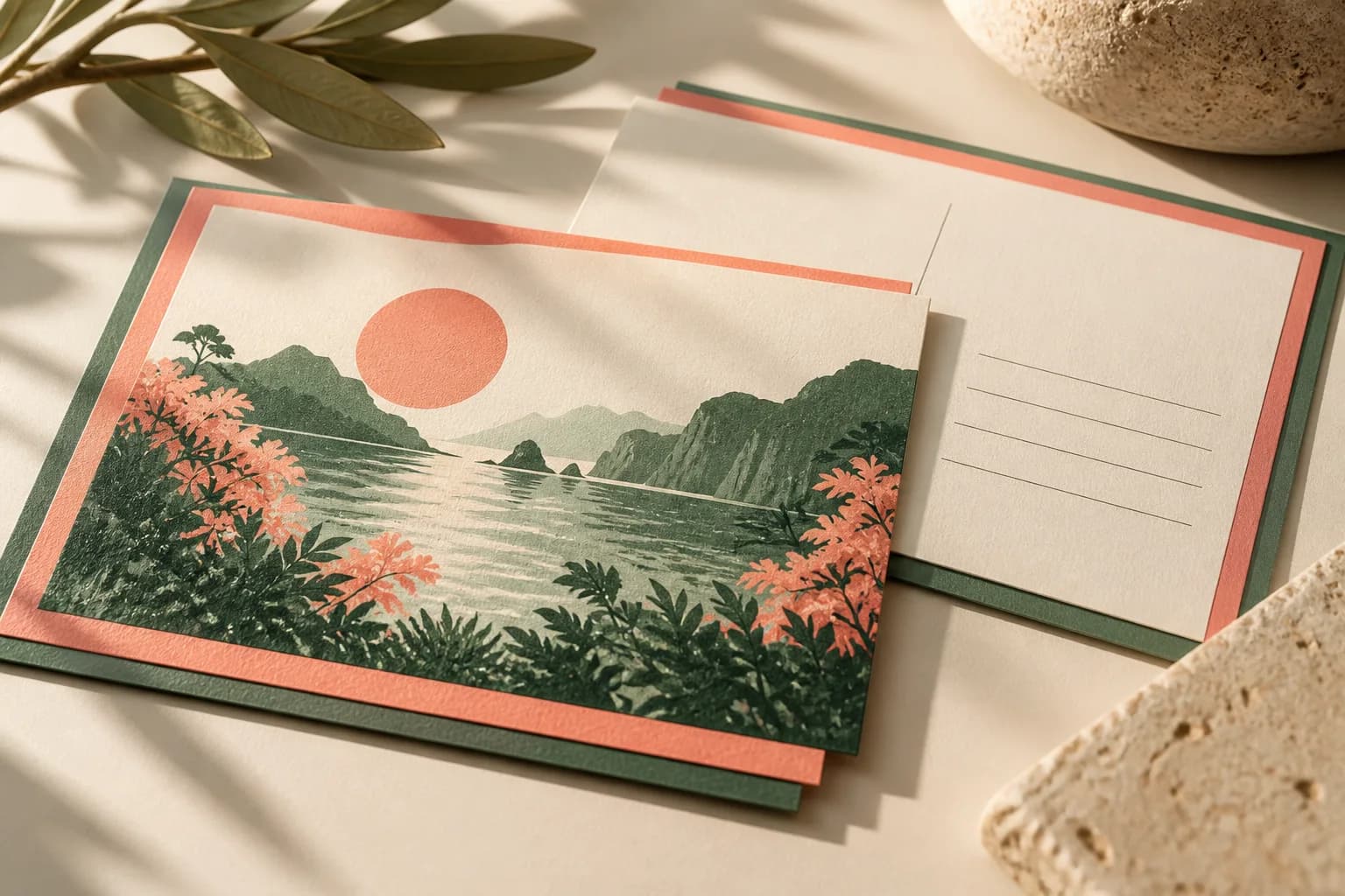 Concept illustration: postcard artwork with layered coral and green edge extensions.