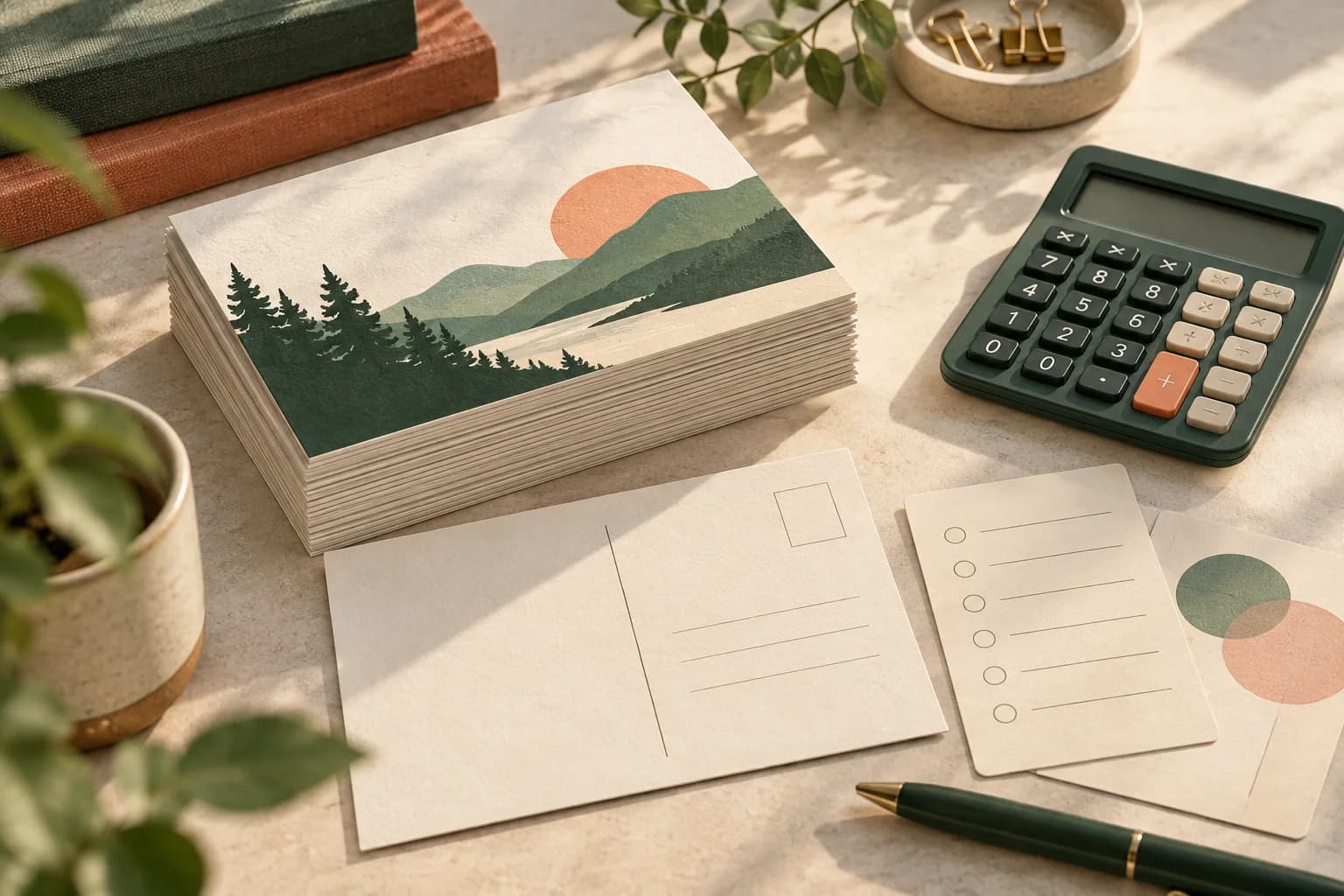 Concept illustration: postcard stack with calculator and neutral paper planning cards.