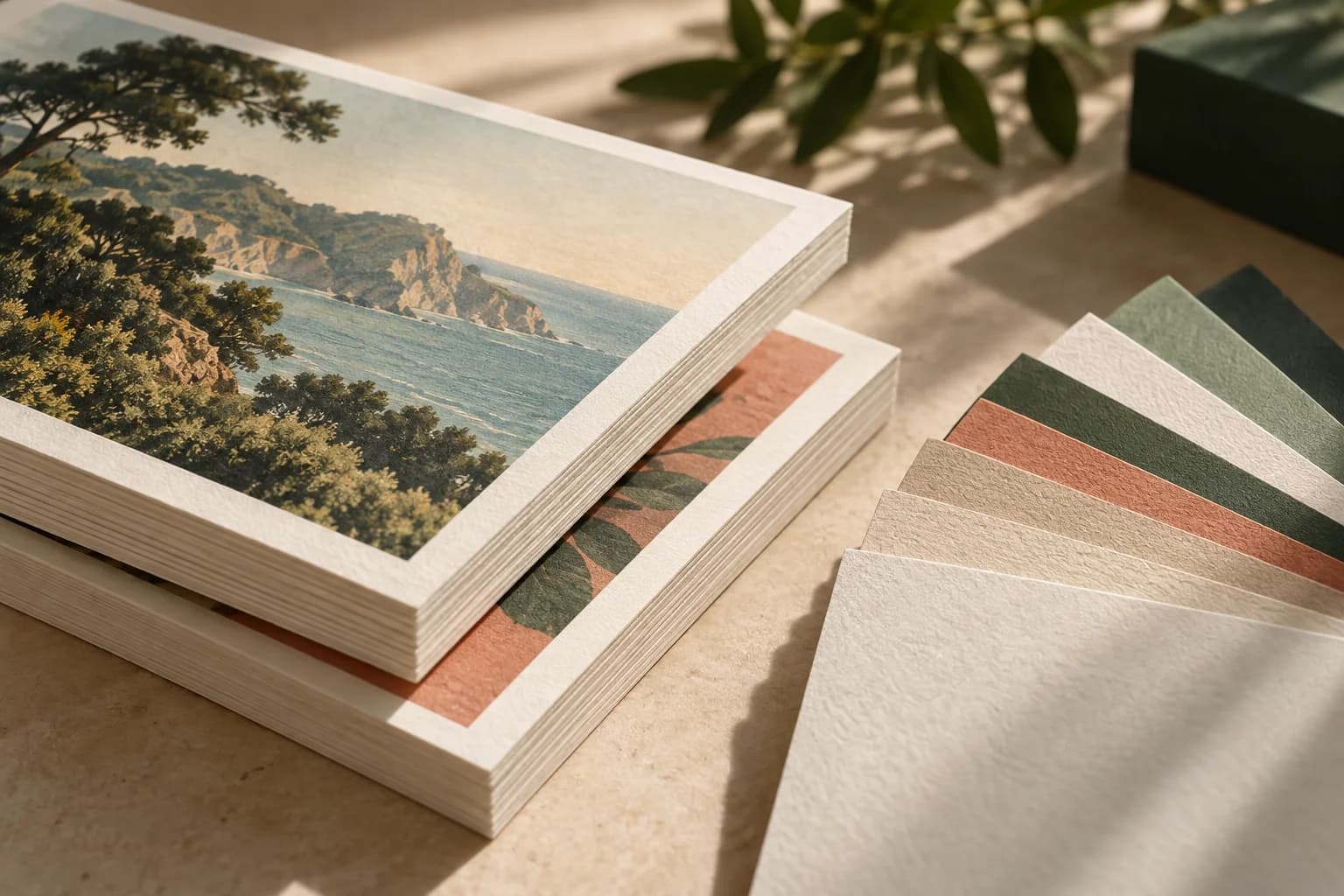 Concept illustration: closeup of substantial postcard edges and paper sample fan.