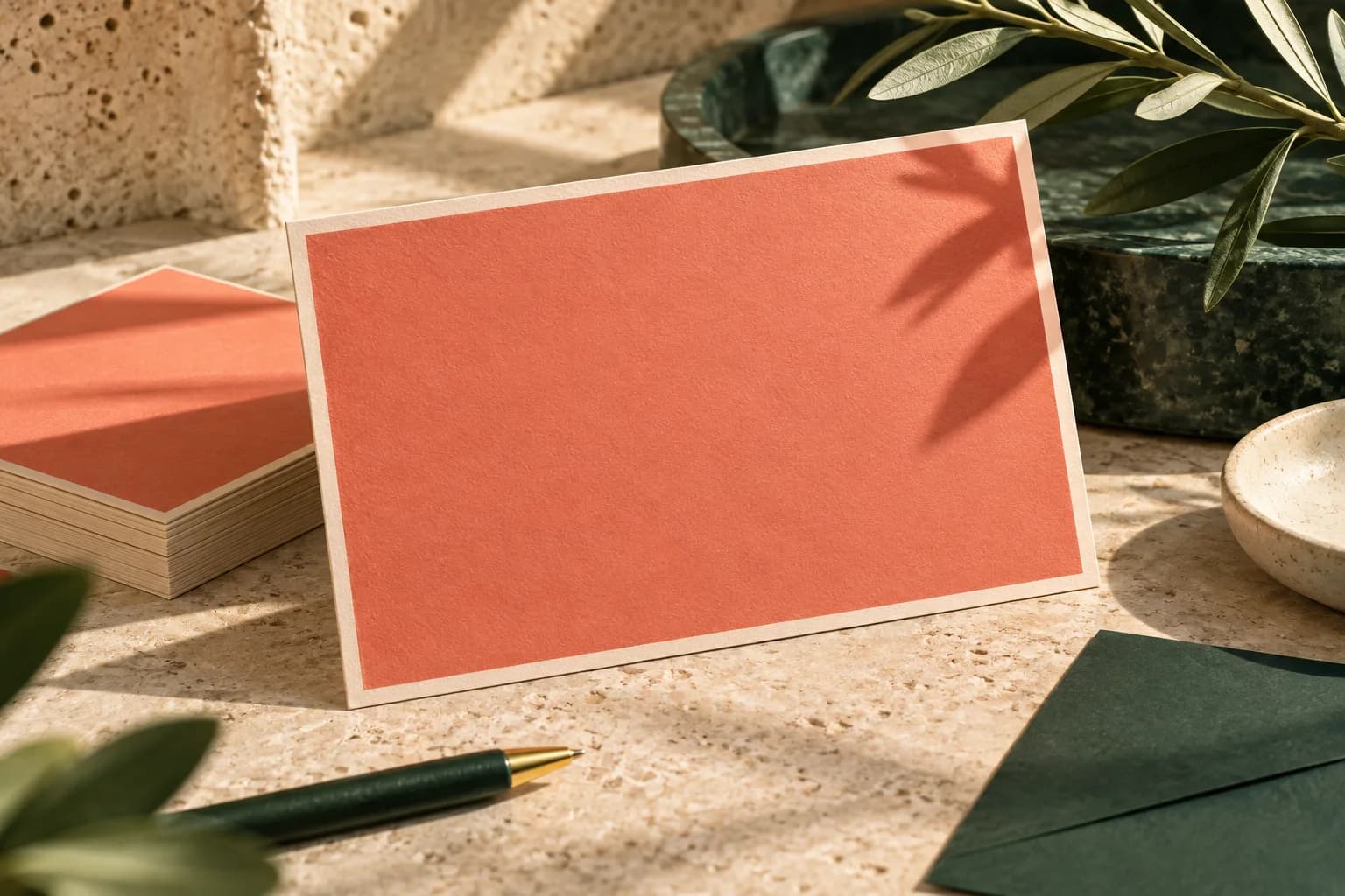 Concept illustration: bold coral postcard with generous empty headline space.