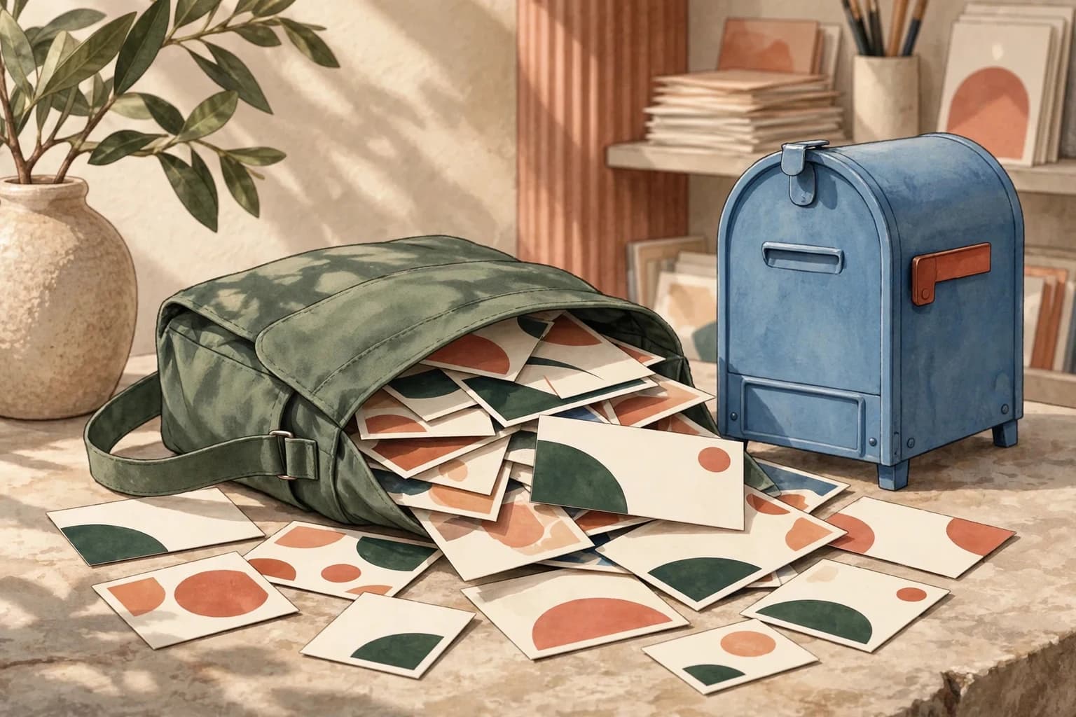 Concept illustration: a mail carrier bag with colorful postcards in standard and oversized sizes spilling out beside a classic blue mailbox.