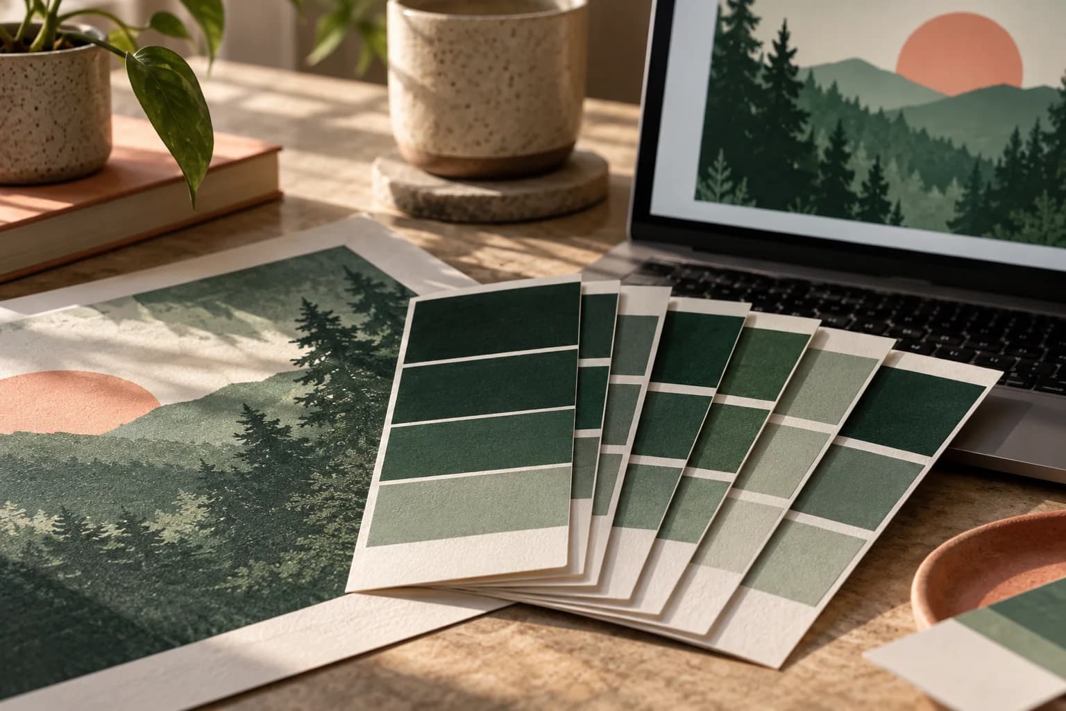 Concept illustration: forest green print swatches beside a softly glowing color screen.