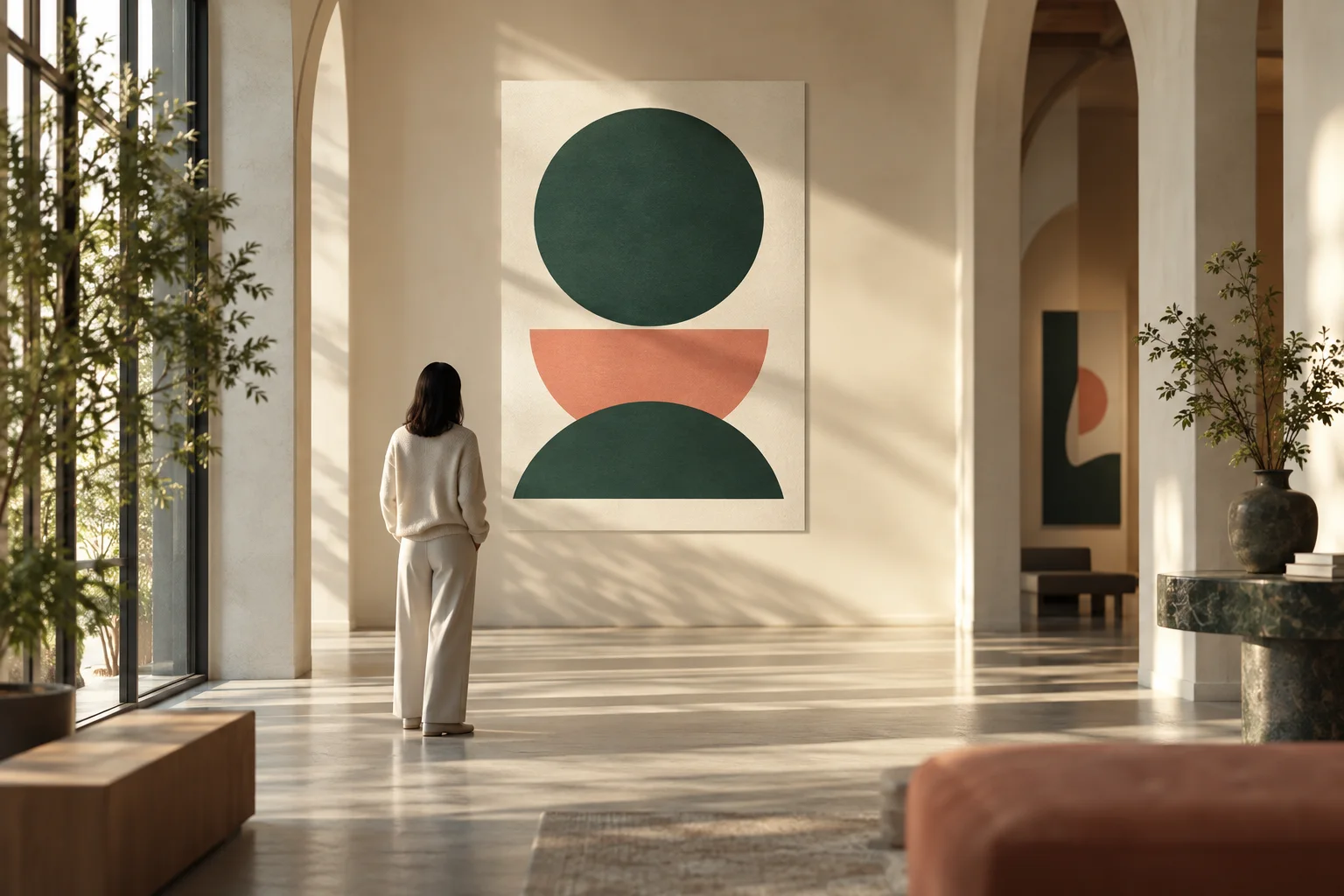 Concept illustration: minimal typographic poster viewed across airy architectural interior no readable text.