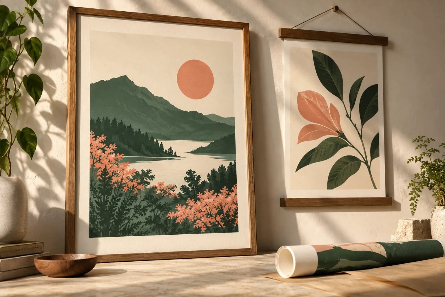 Concept illustration: paper poster with elegant wood frame and magnetic hanging rails.