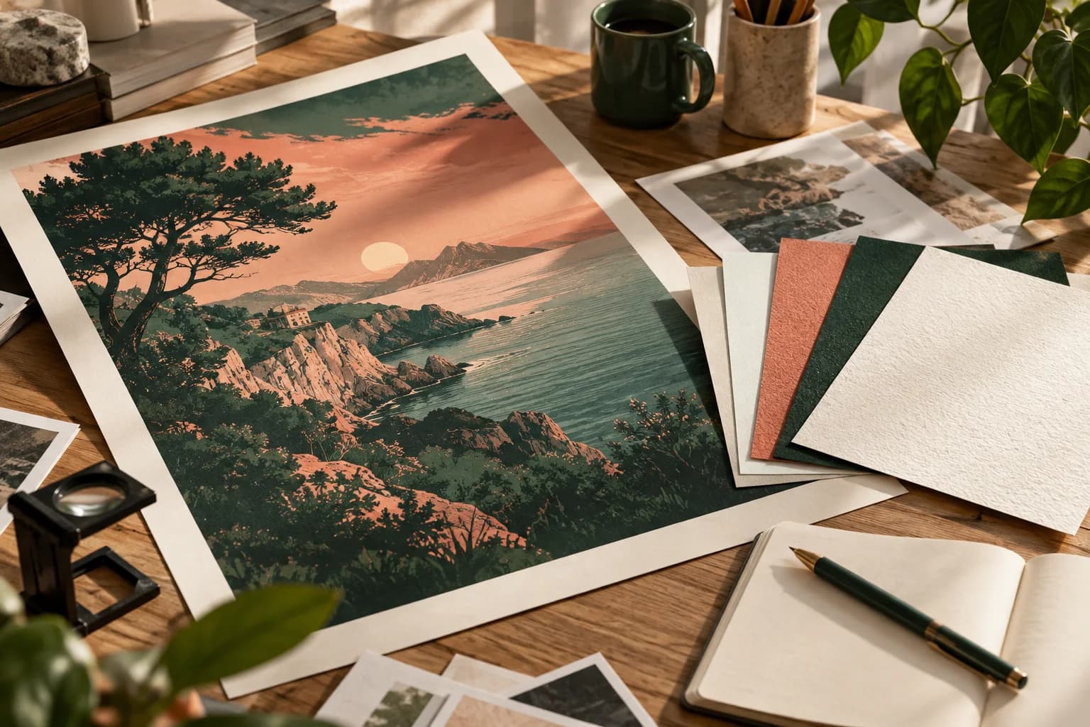 Concept illustration: designer worktable with poster proof and paper swatches.