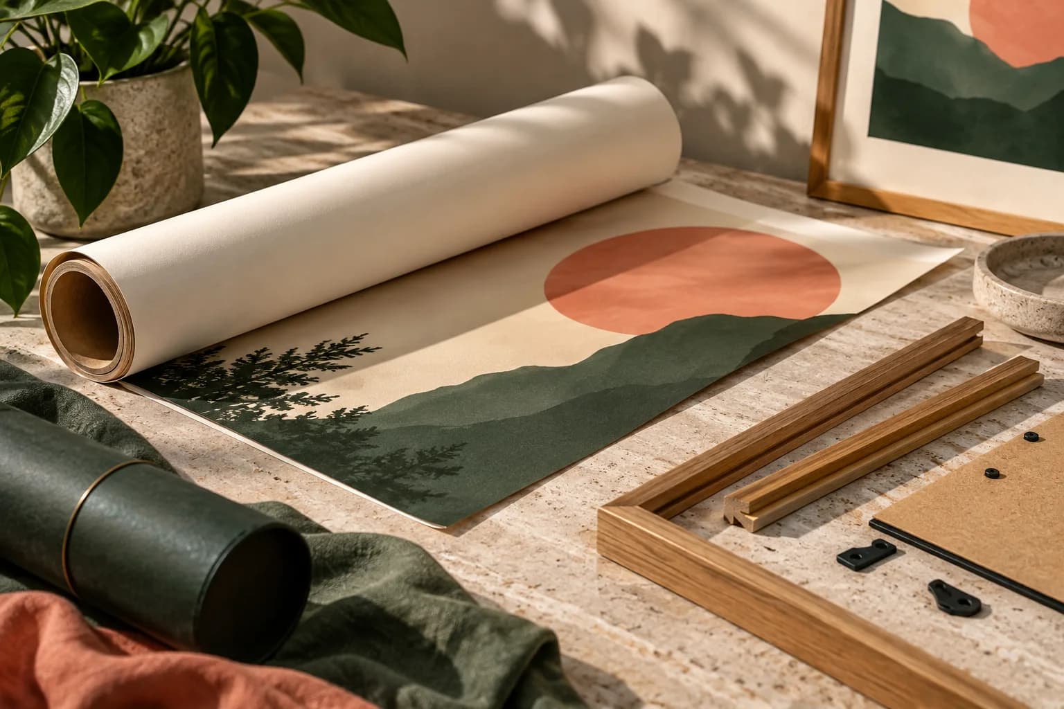 Concept illustration: rolled poster paper and frame components arranged on stone desk.