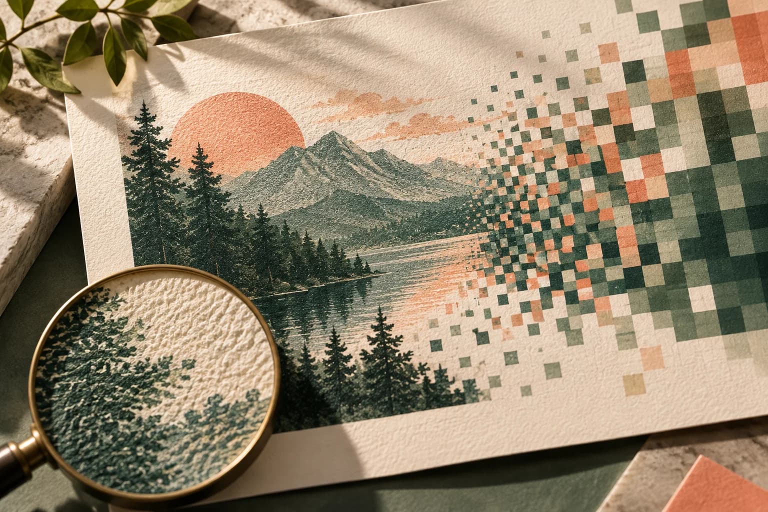 Concept illustration: macro paper texture transitioning into abstract pixel mosaic.