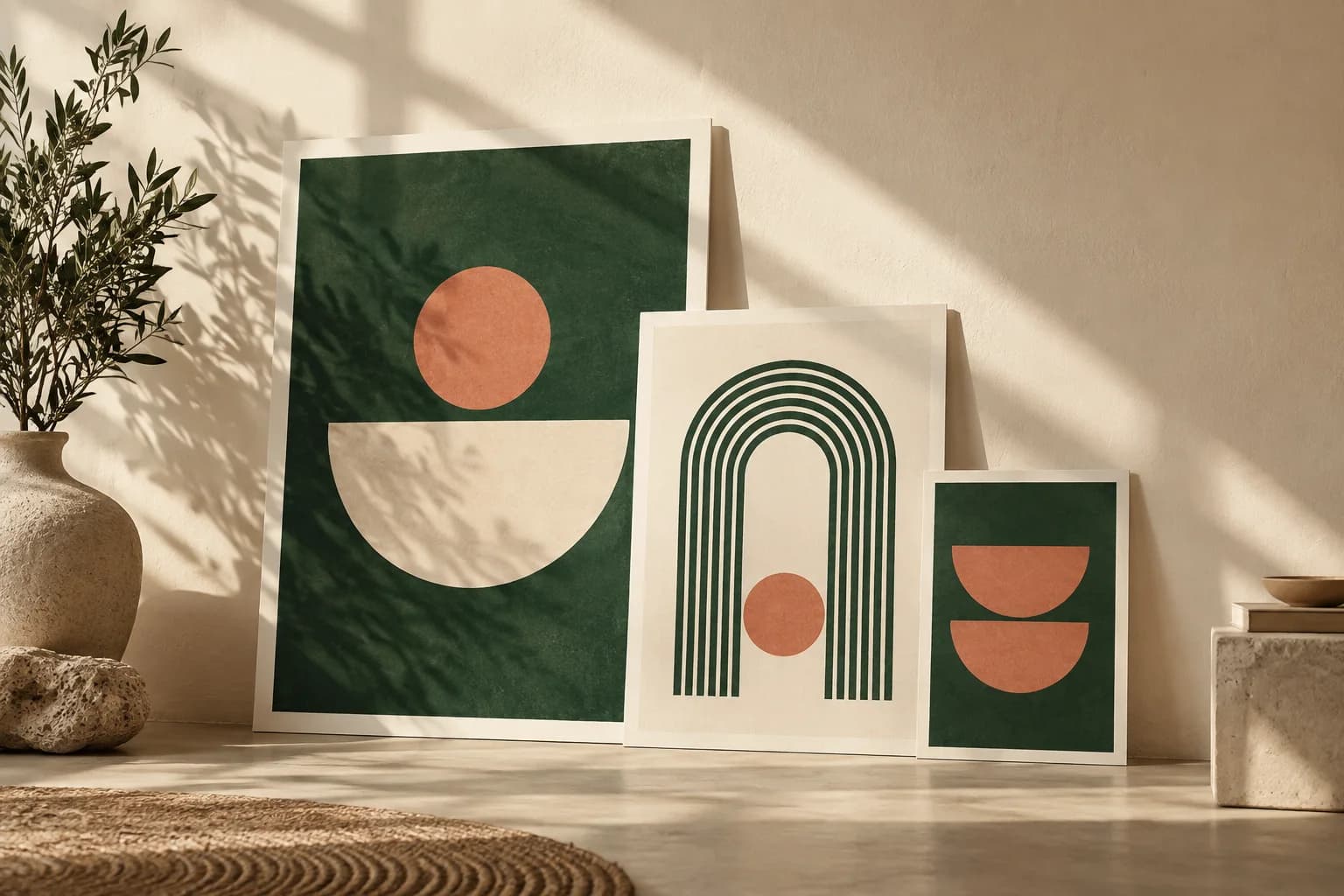 Concept illustration: three different sized paper posters leaning against an ivory wall.
