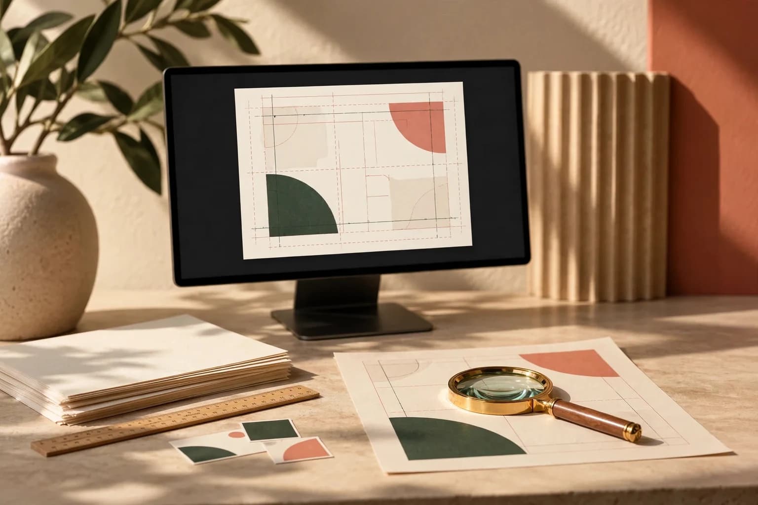 Concept illustration: a designer desk with a monitor showing a print file with bleed guides, a magnifier resting on a printed proof, and fanned color swatches.