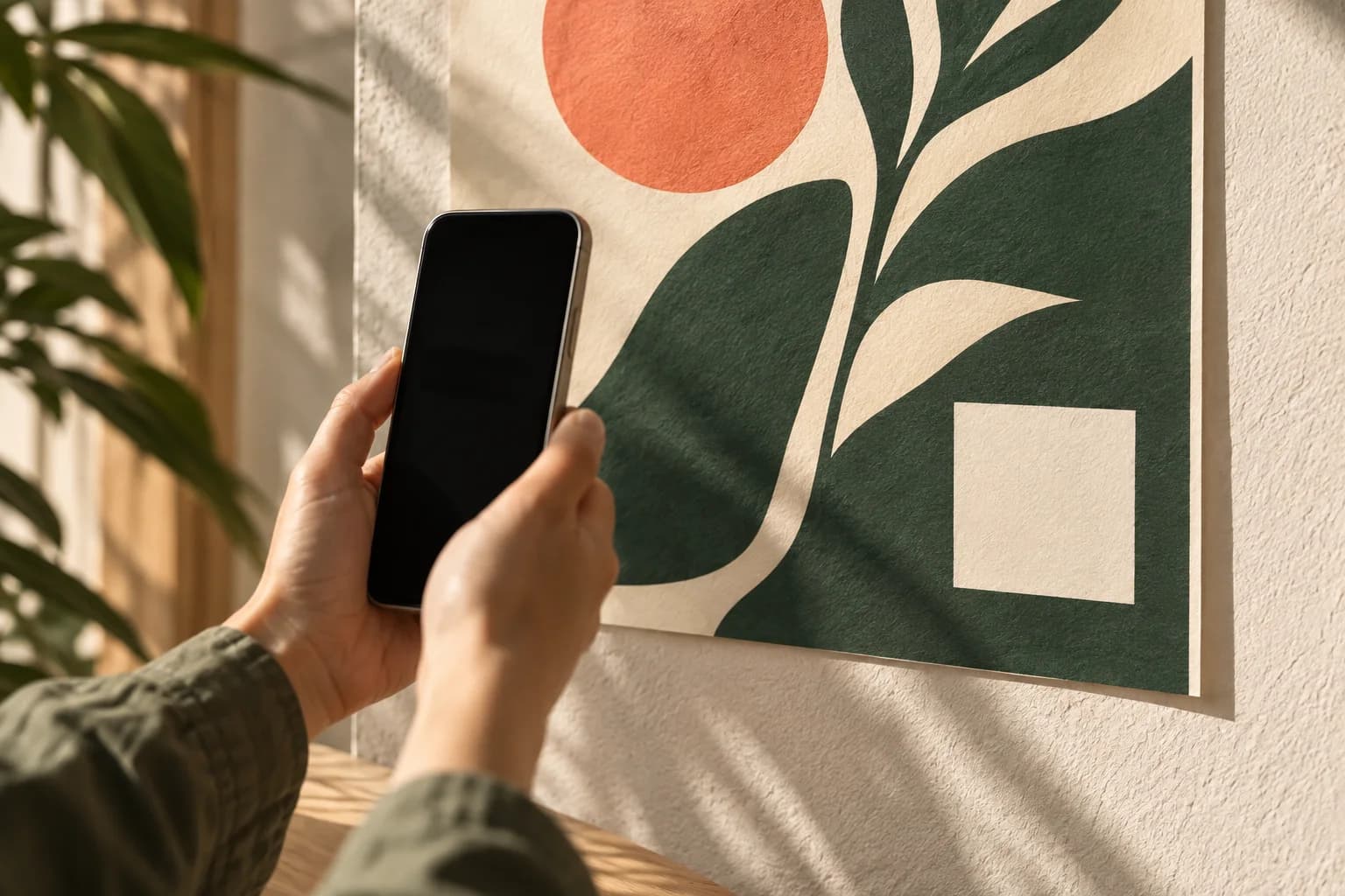 Concept illustration: phone held near an abstract poster with a blank square code area no fake QR.