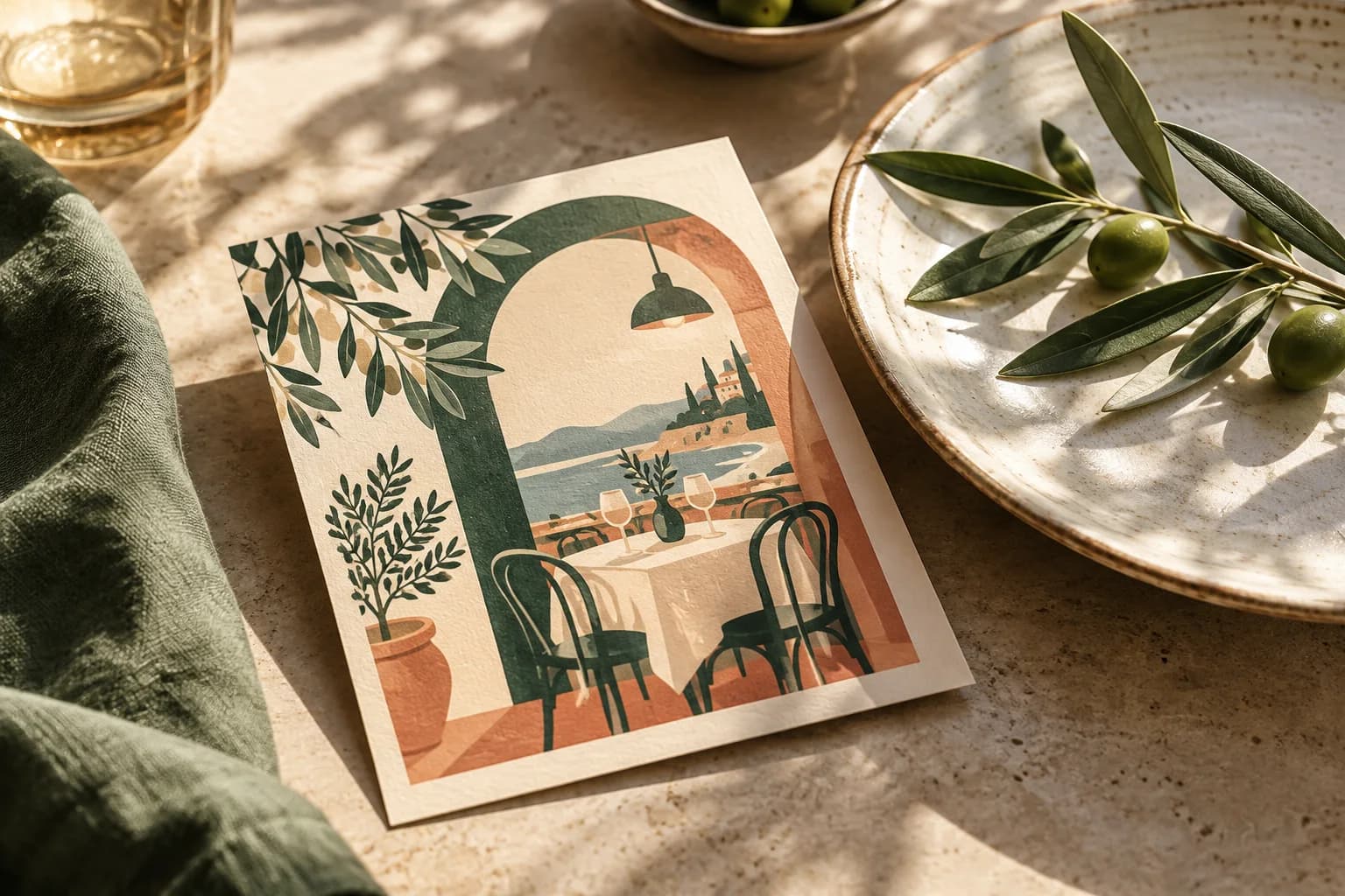 Concept illustration: tasteful restaurant postcard beside ceramic plate and olive branch.