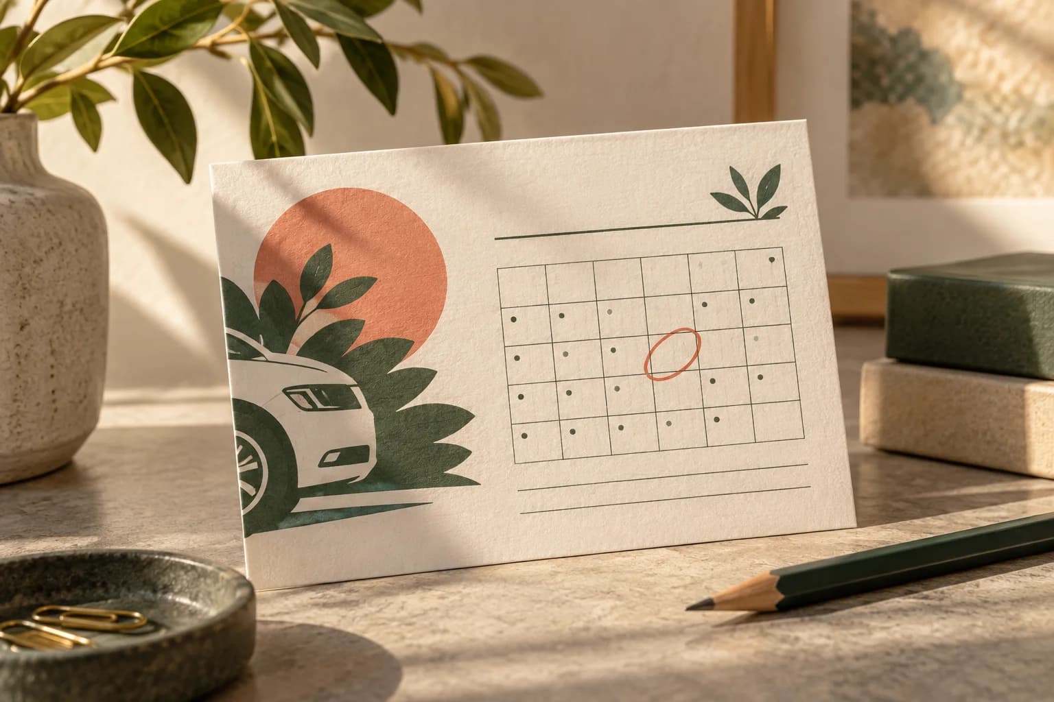Concept illustration: quiet appointment postcard with calendar and pencil.
