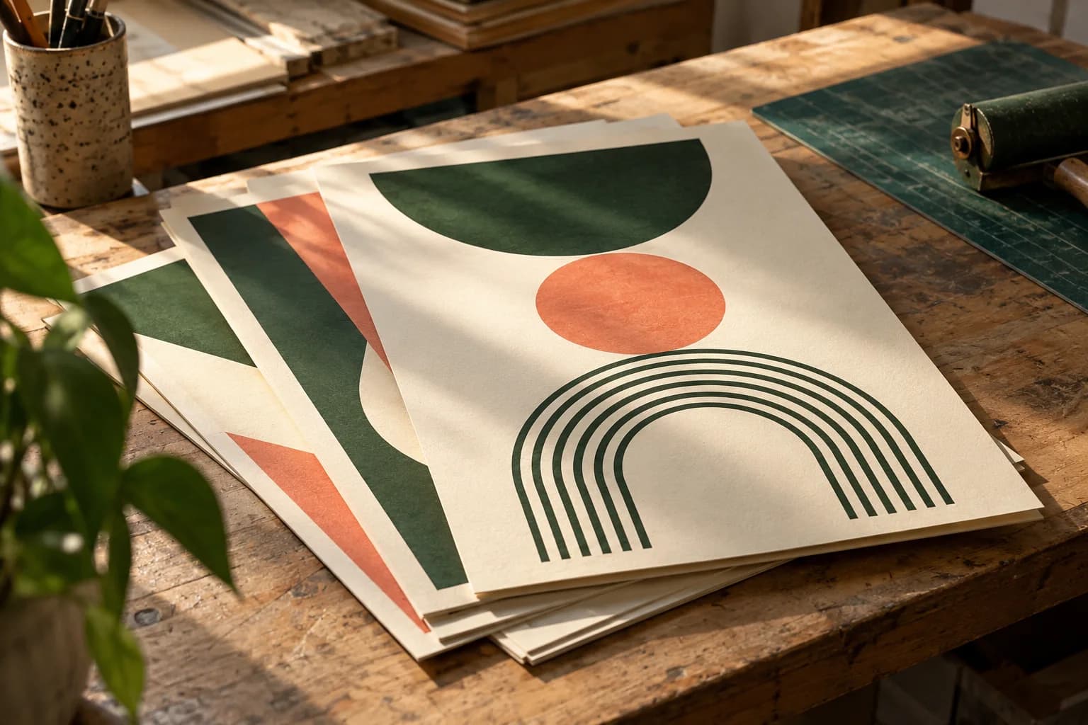 Concept illustration: small stack of geometric posters on print studio worktable.