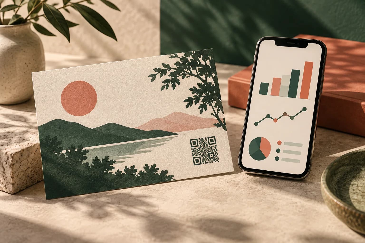 Concept illustration: postcard and smartphone with abstract analytics blocks no text.