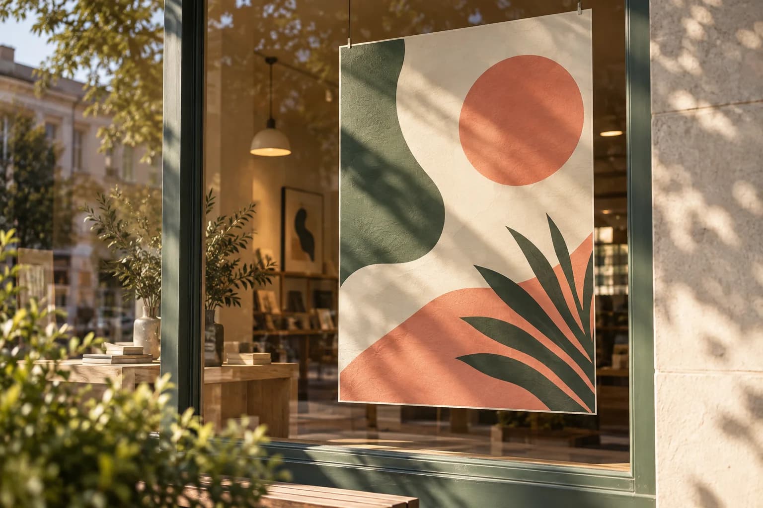 Concept illustration: abstract coral poster displayed inside a sunlit shop window.
