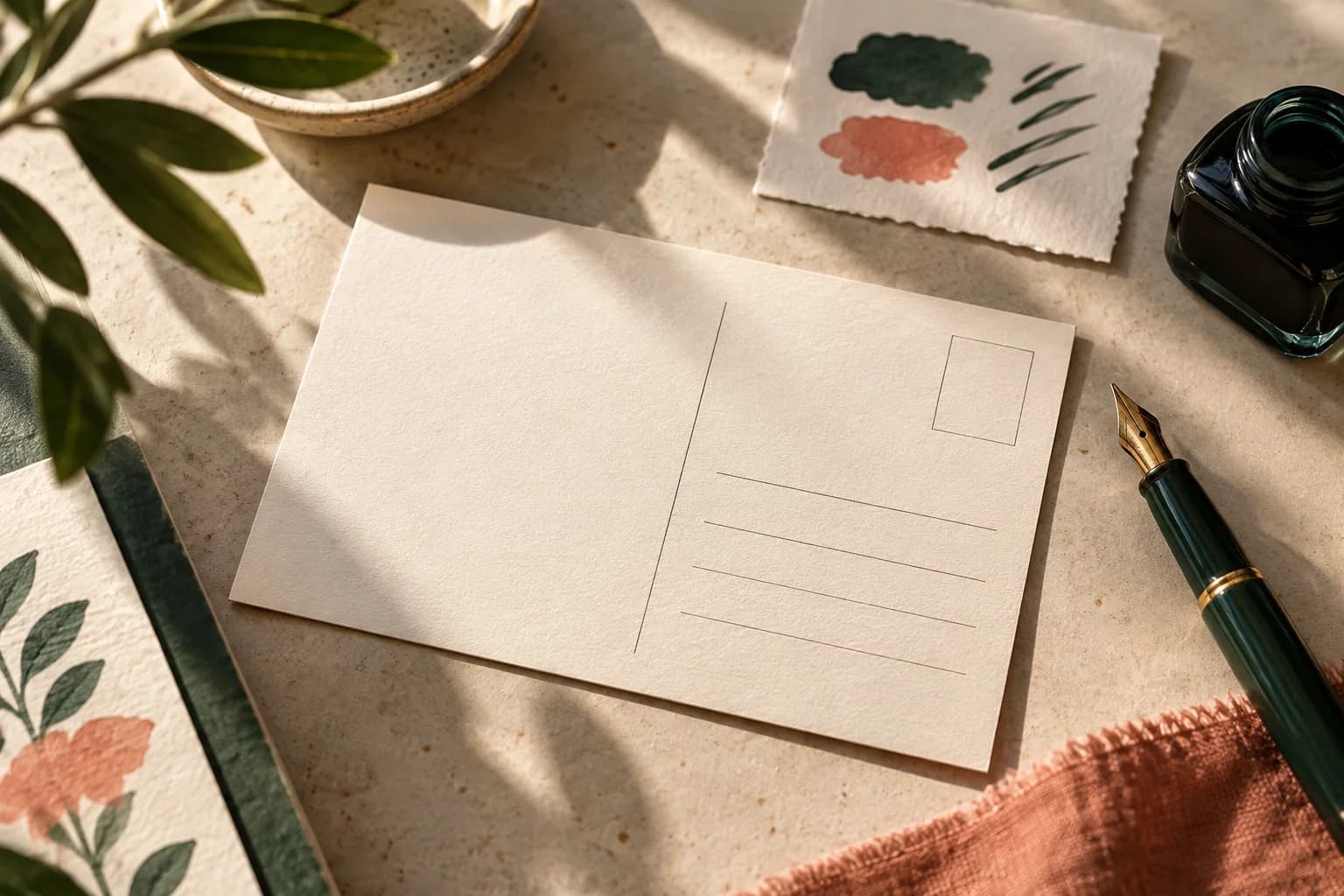 Concept illustration: uncoated postcard beside fountain pen and small ink test swatches.