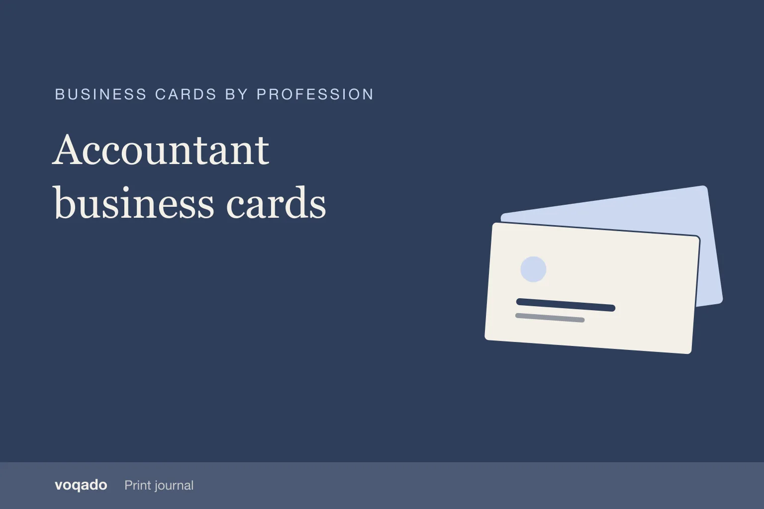 Editorial cover with the headline "Accountant business cards" beside a simple illustration of stacked business cards.