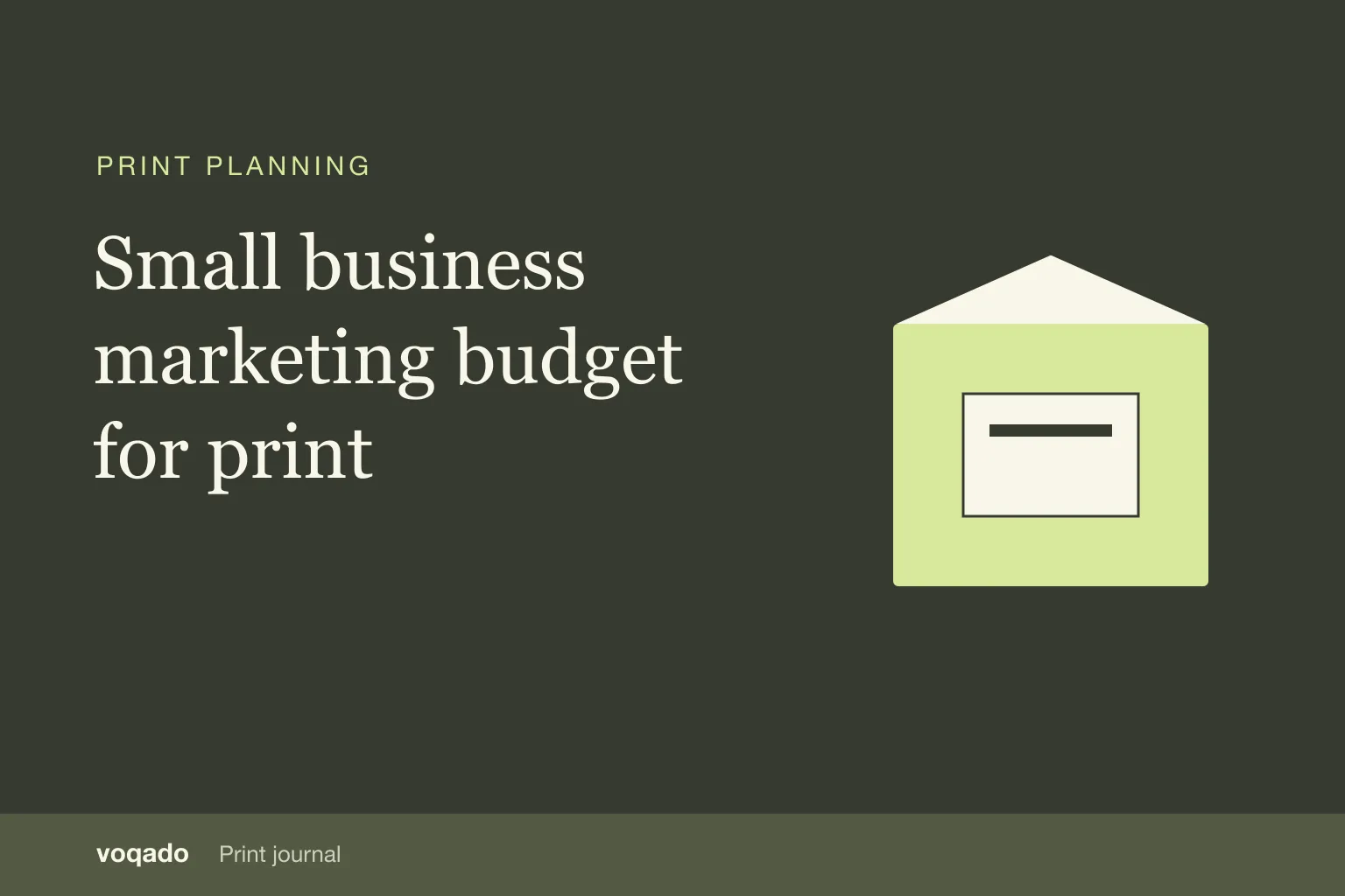 Editorial cover with the headline "Small business marketing budget for print" beside a simple illustration of stacked business cards.