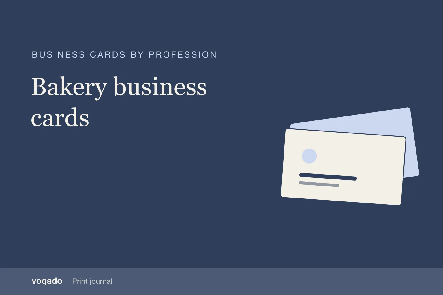 Editorial cover with the headline "Bakery business cards" beside a simple illustration of stacked business cards.