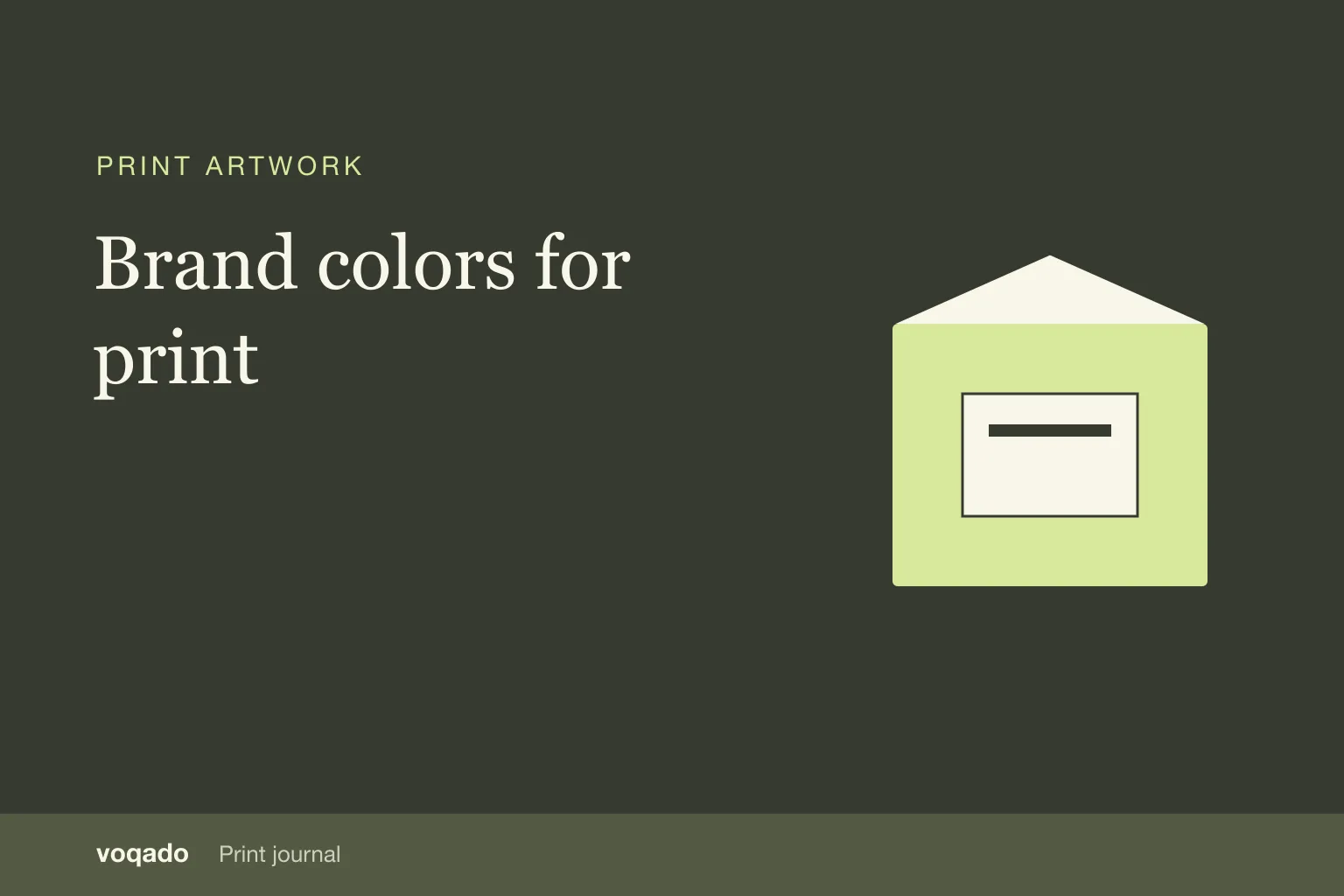 Editorial cover with the headline "Brand colors for print" beside a simple illustration of stacked business cards.
