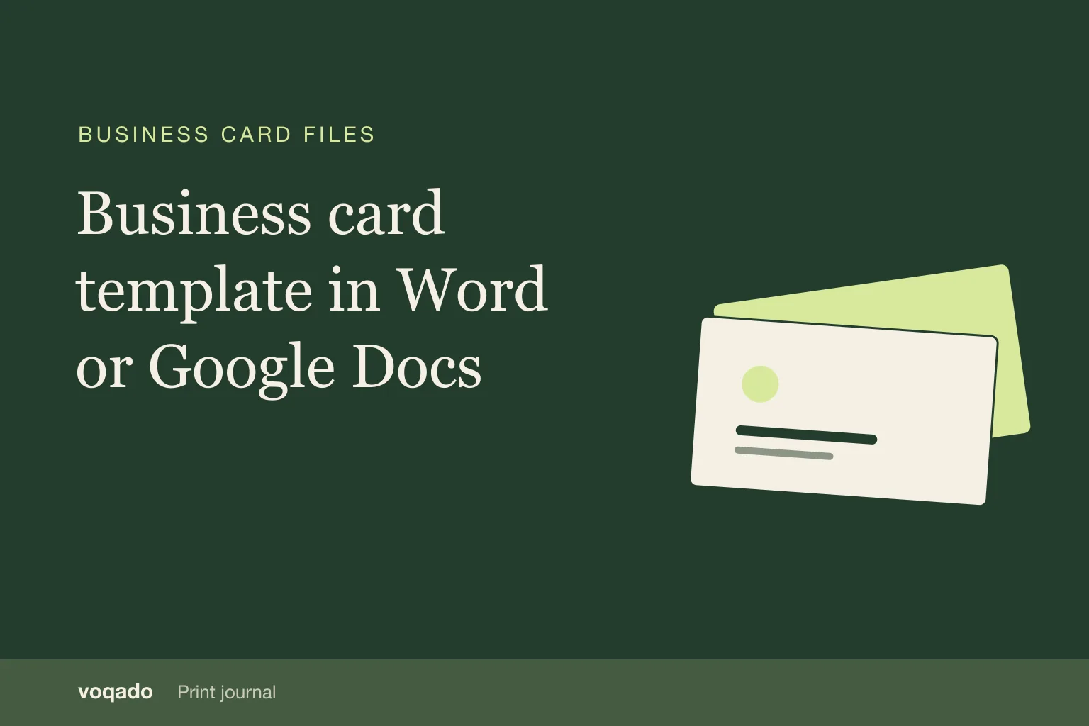 Editorial cover with the headline "Business card template in Word or Google Docs" beside a simple illustration of stacked business cards.