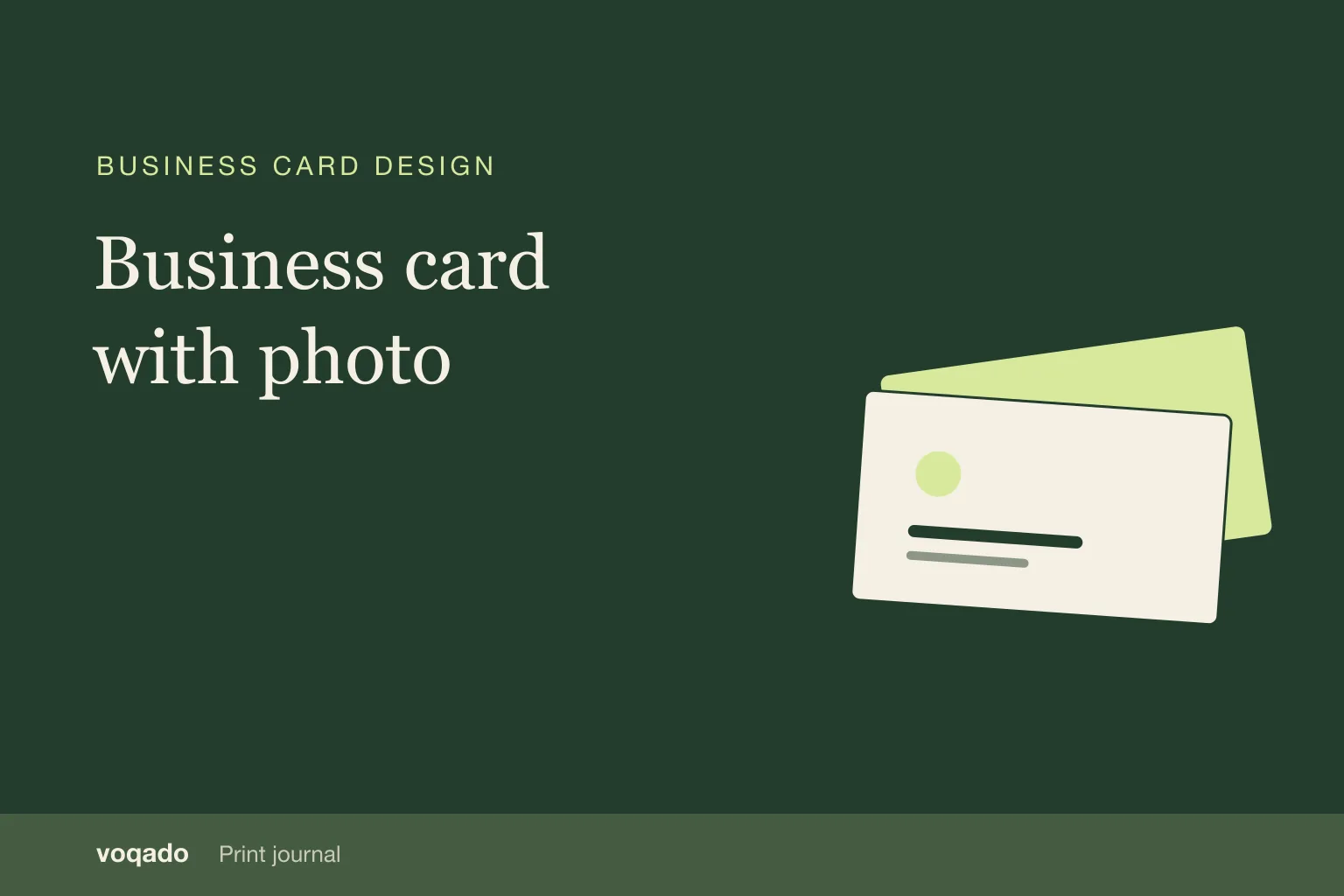 Editorial cover with the headline "Business card with photo" beside a simple illustration of stacked business cards.
