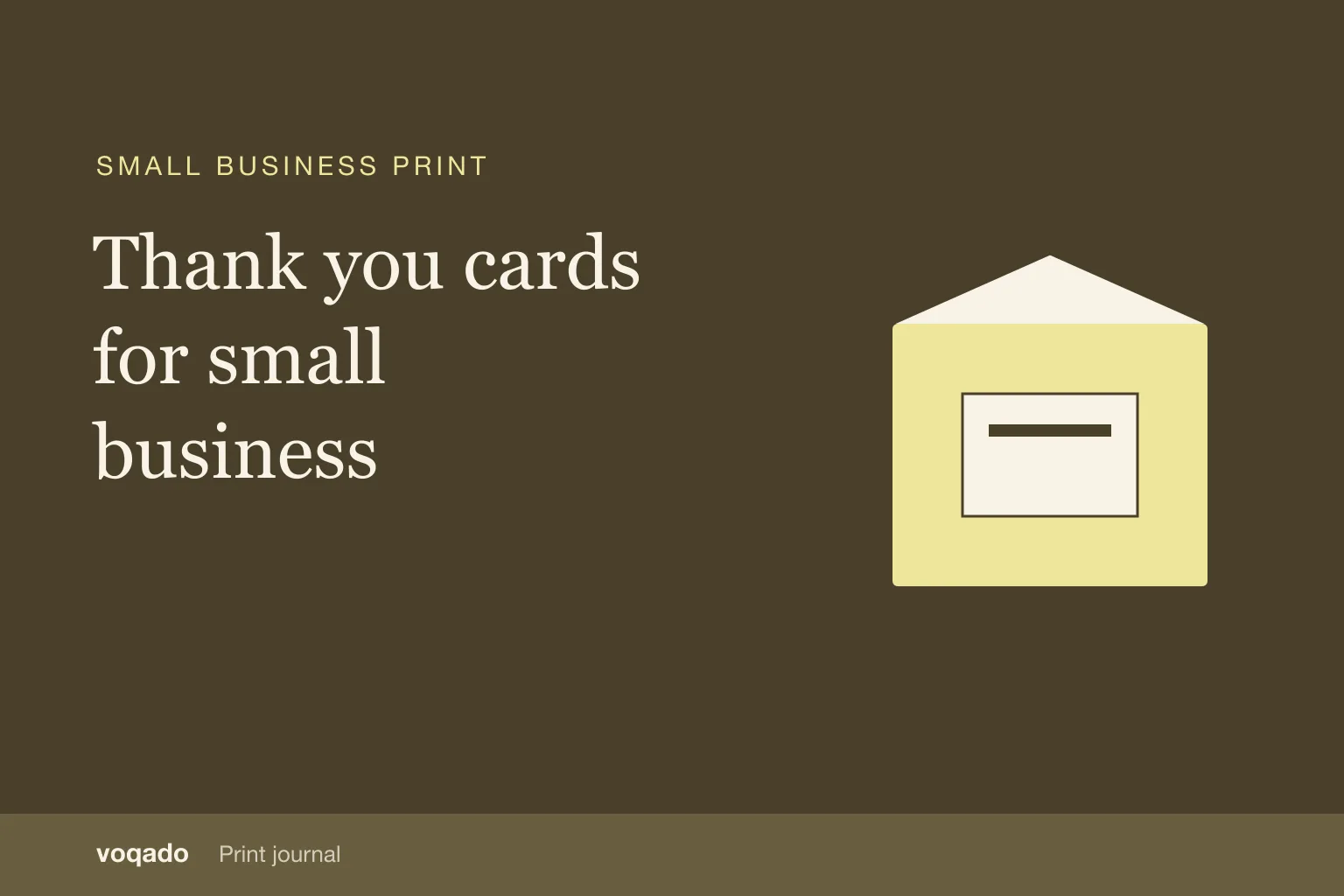 Editorial cover with the headline "Thank you cards for small business" beside a simple illustration of a printed package and insert card.