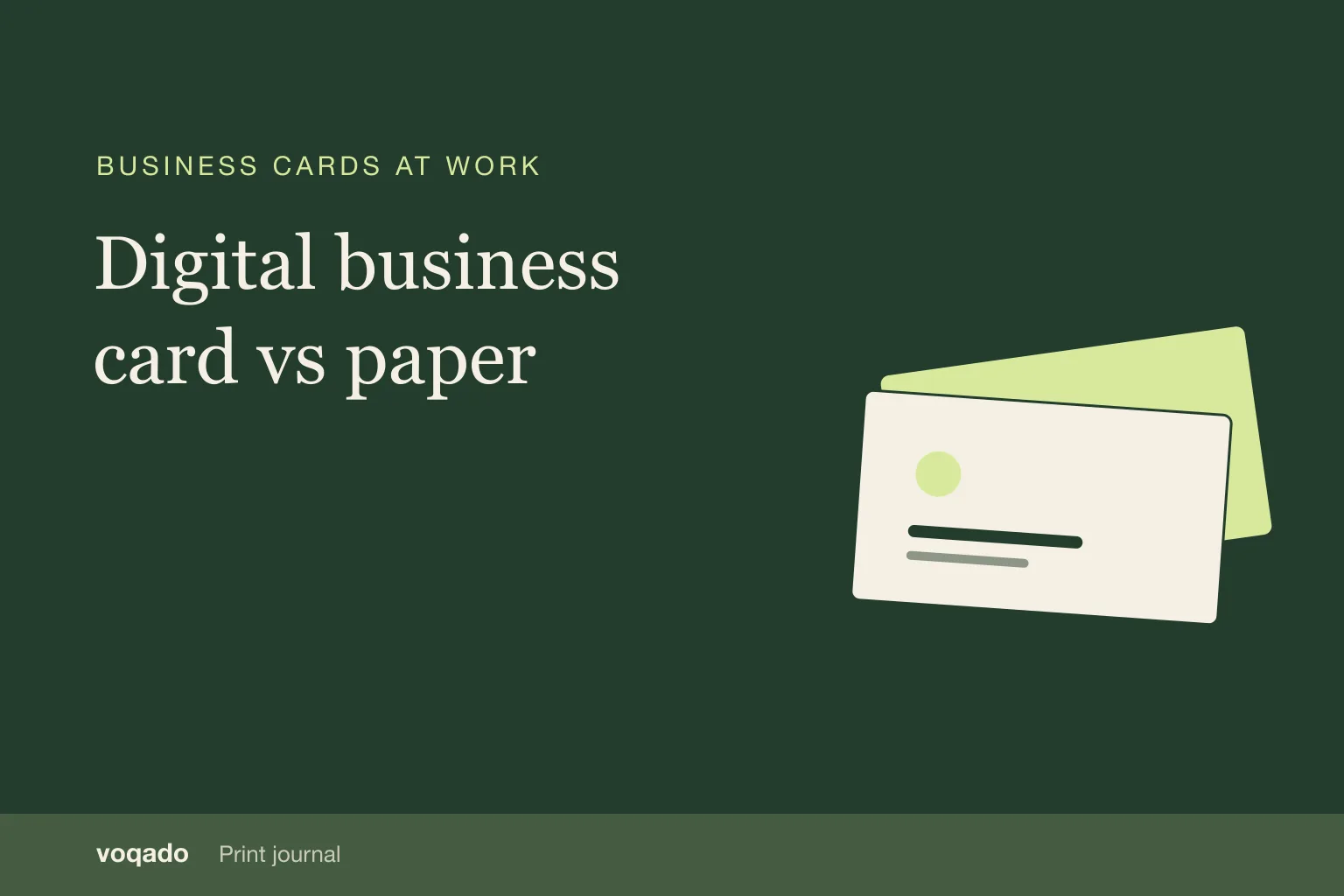 Editorial cover with the headline "Digital business card vs paper" beside a simple illustration of stacked business cards.