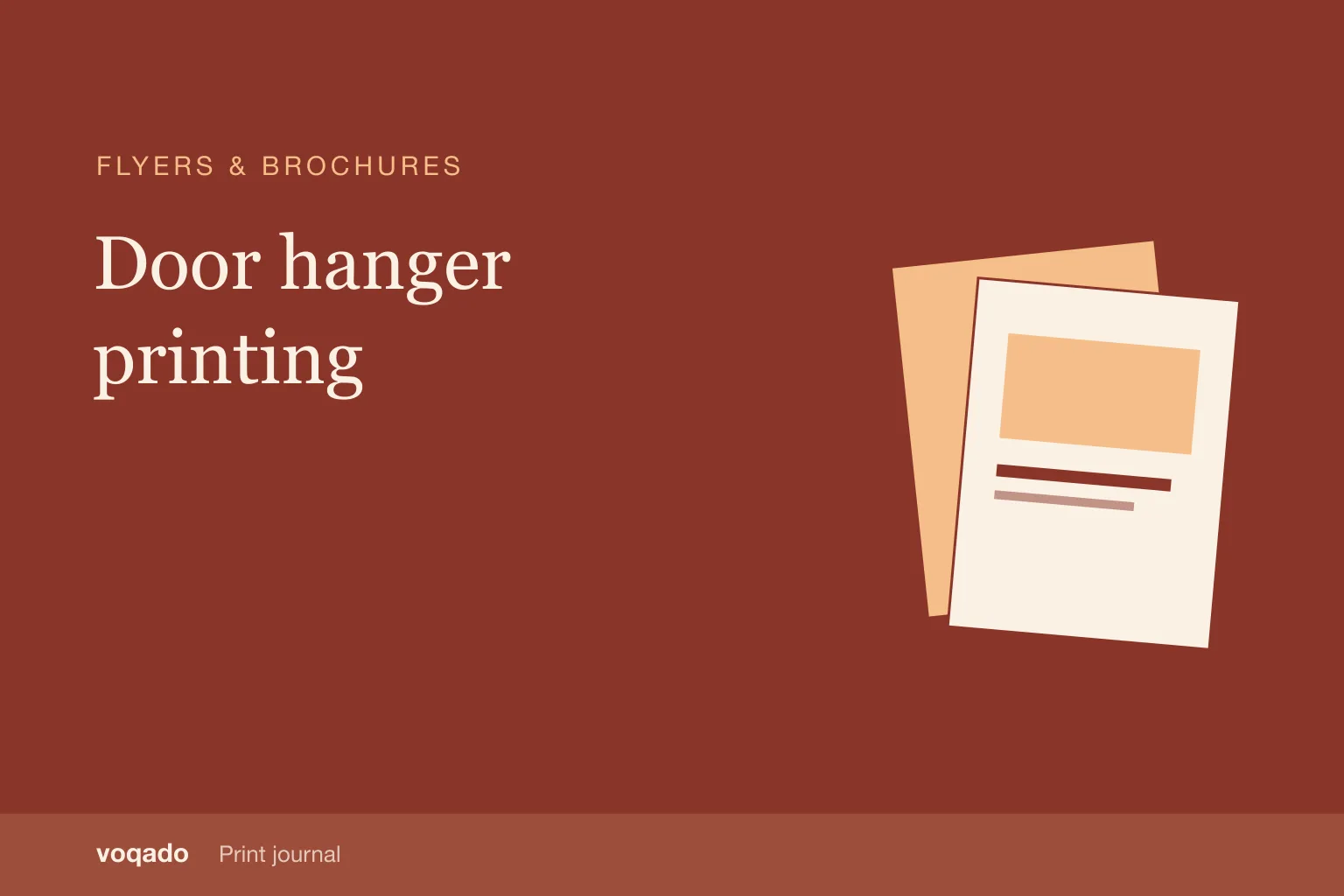 Editorial cover with the headline "Door hanger printing" beside a simple illustration of layered flyers.