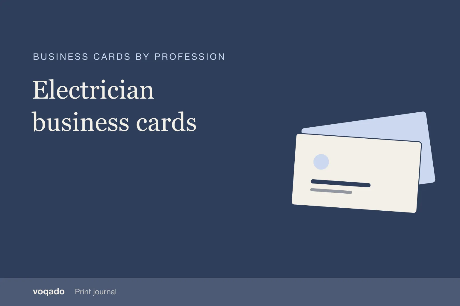Editorial cover with the headline "Electrician business cards" beside a simple illustration of stacked business cards.